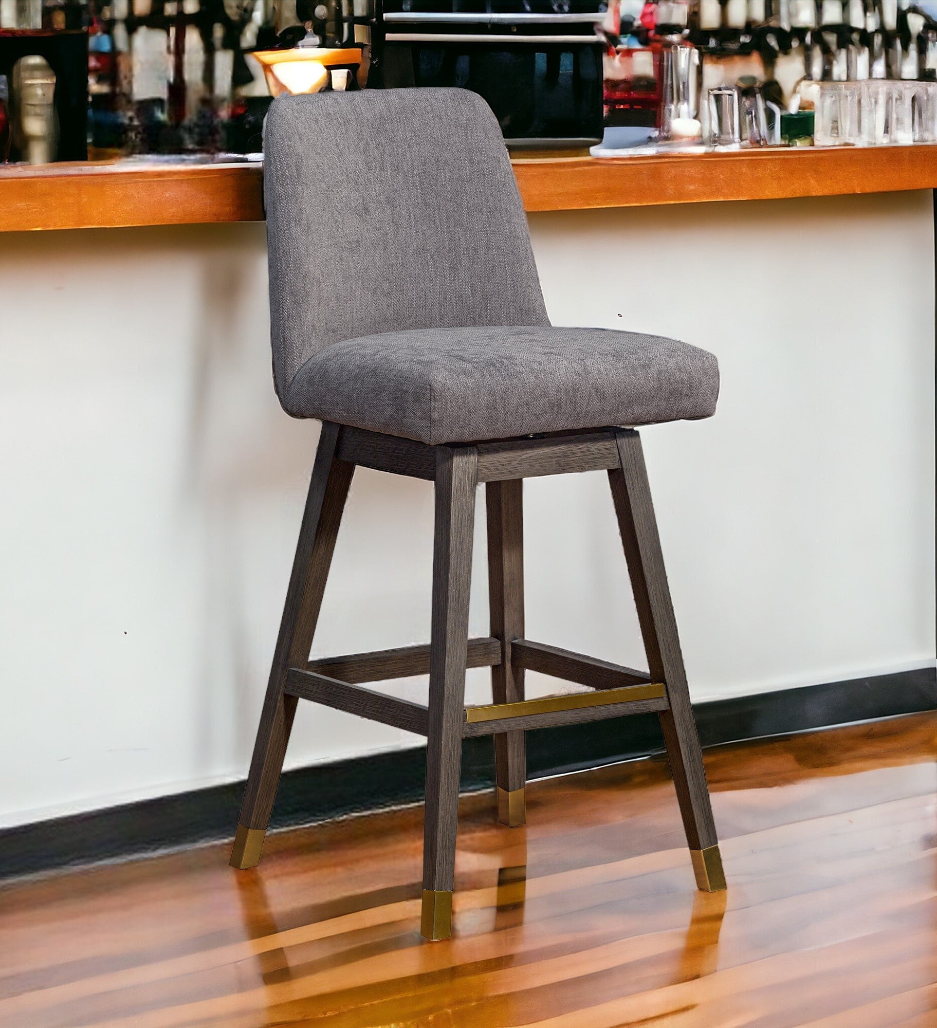 30" Gray And Brown Upholstered And Solid Wood Swivel Bar Chair