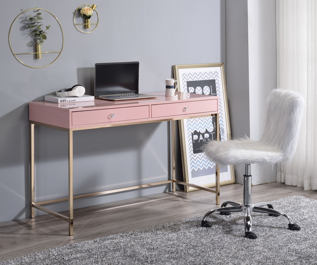 47" Pink And Gold Glam Rectangular Writing Desk With Two Drawers