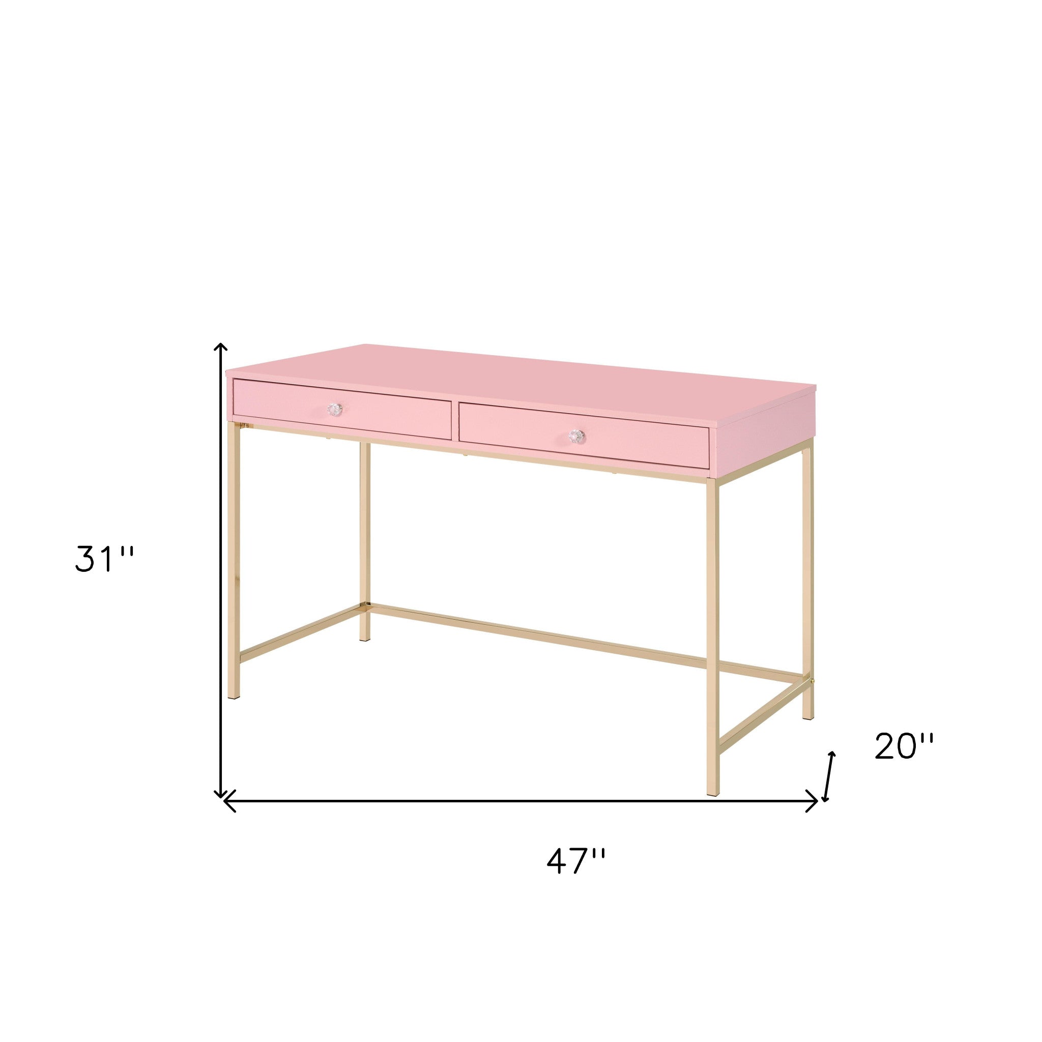 47" Pink And Gold Glam Rectangular Writing Desk With Two Drawers