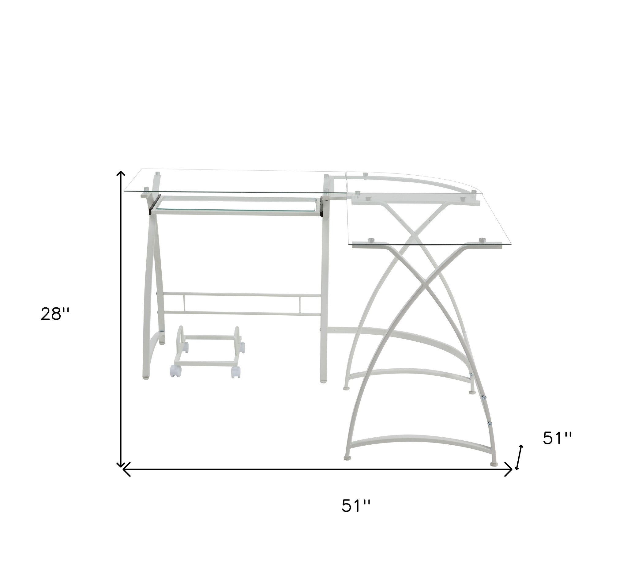 51" Clear Glass And White Metal L Shape Computer Desk