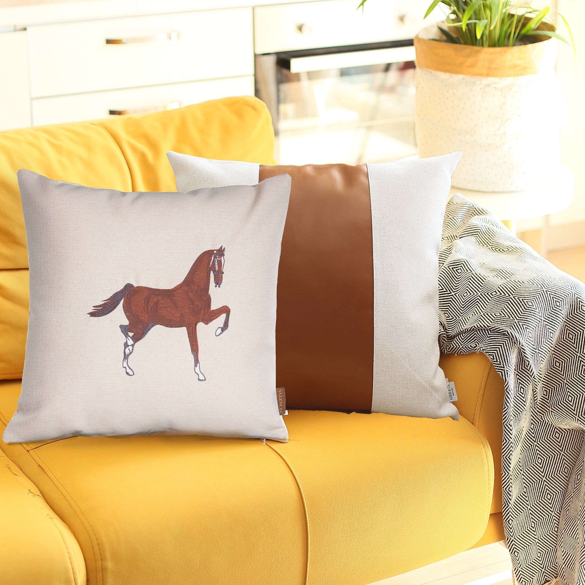 Set Of Two 18" X 18" Beige And Brown Horse Faux Leather Zippered Pillow With Embroidery