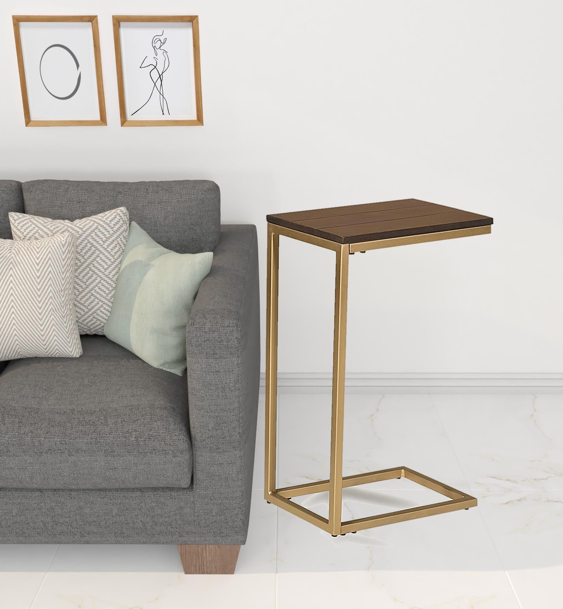 25" Gold And Elm Solid Wood Rectangular End Table