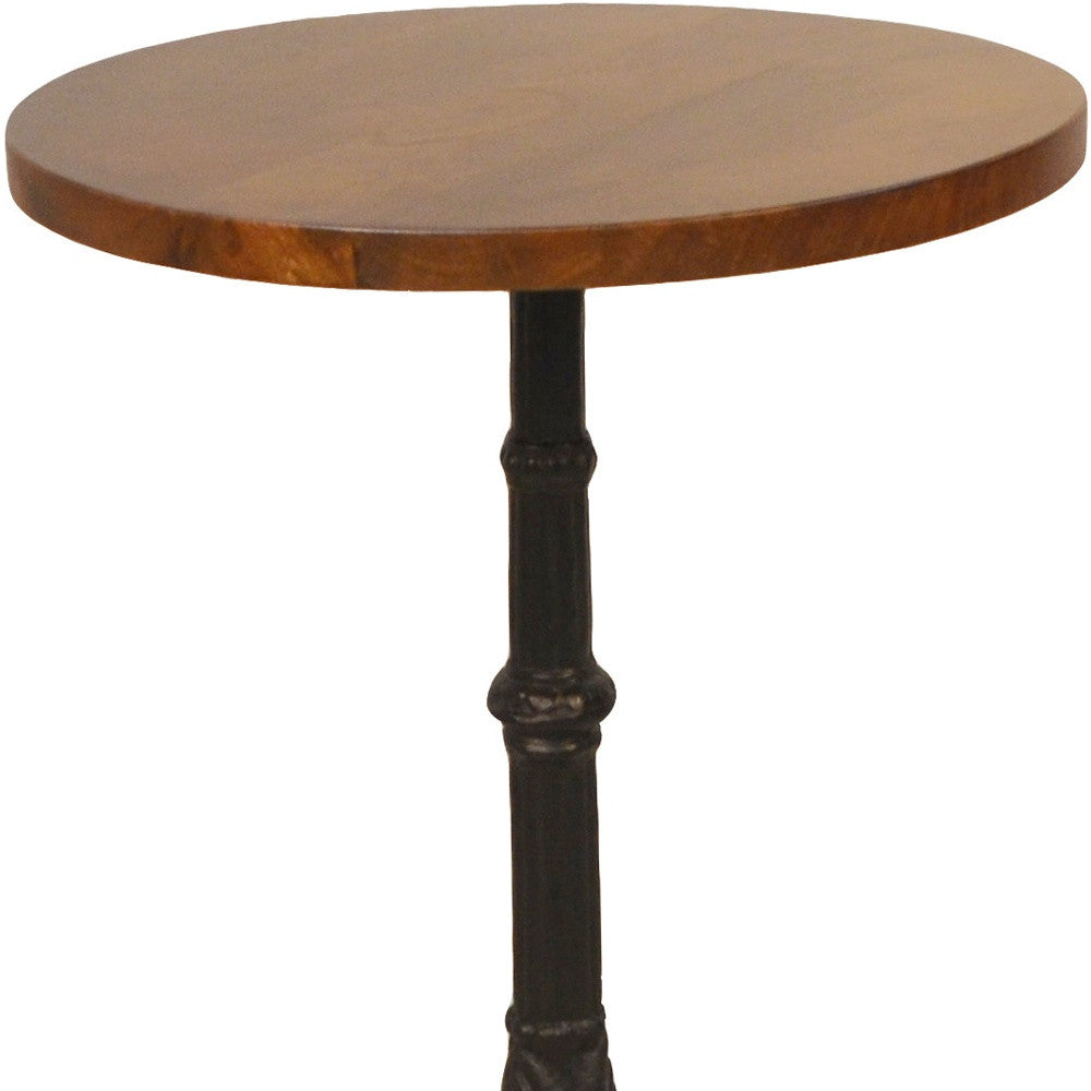 28" Black And Wood Brown Solid Wood And Iron Round End Table