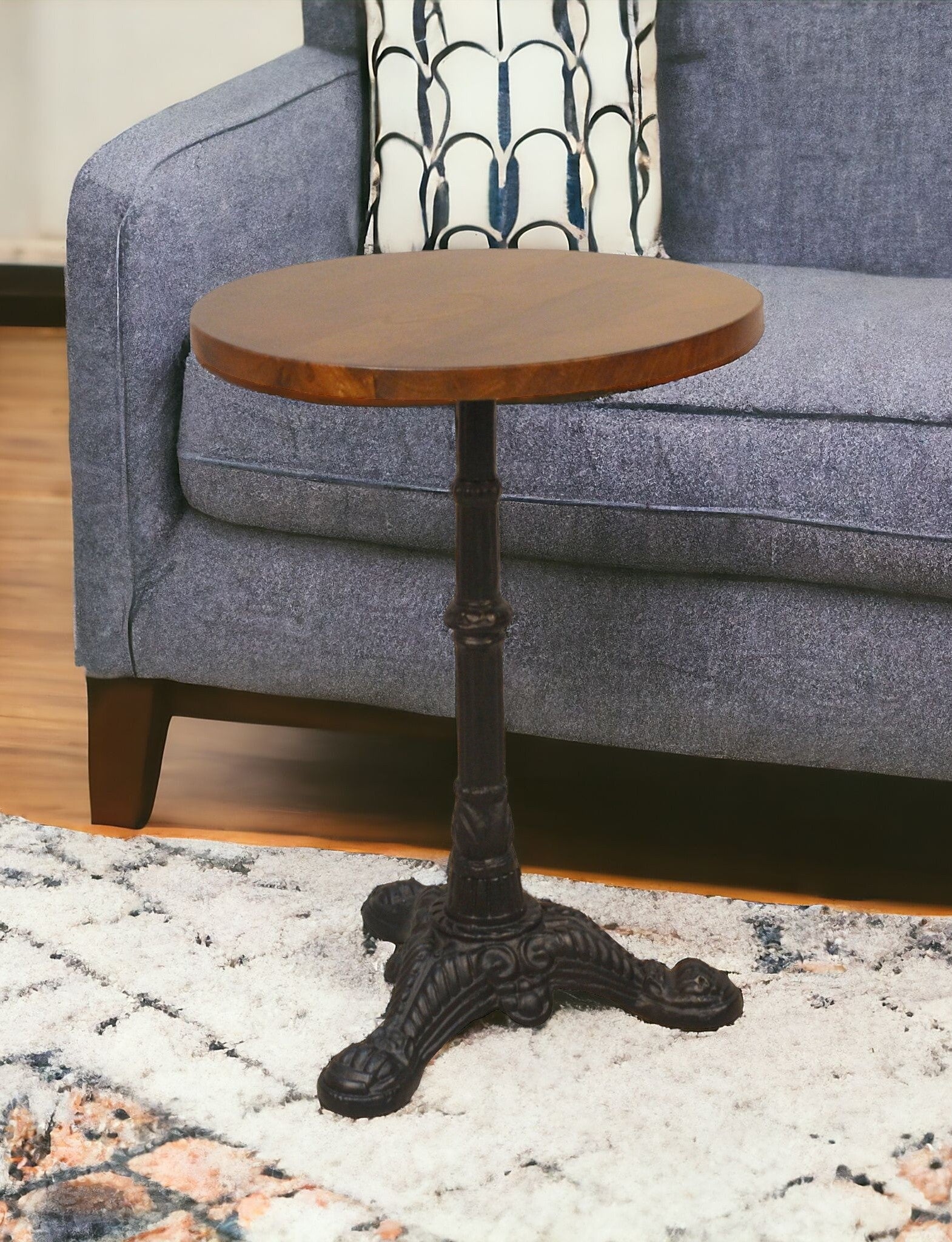 28" Black And Wood Brown Solid Wood And Iron Round End Table