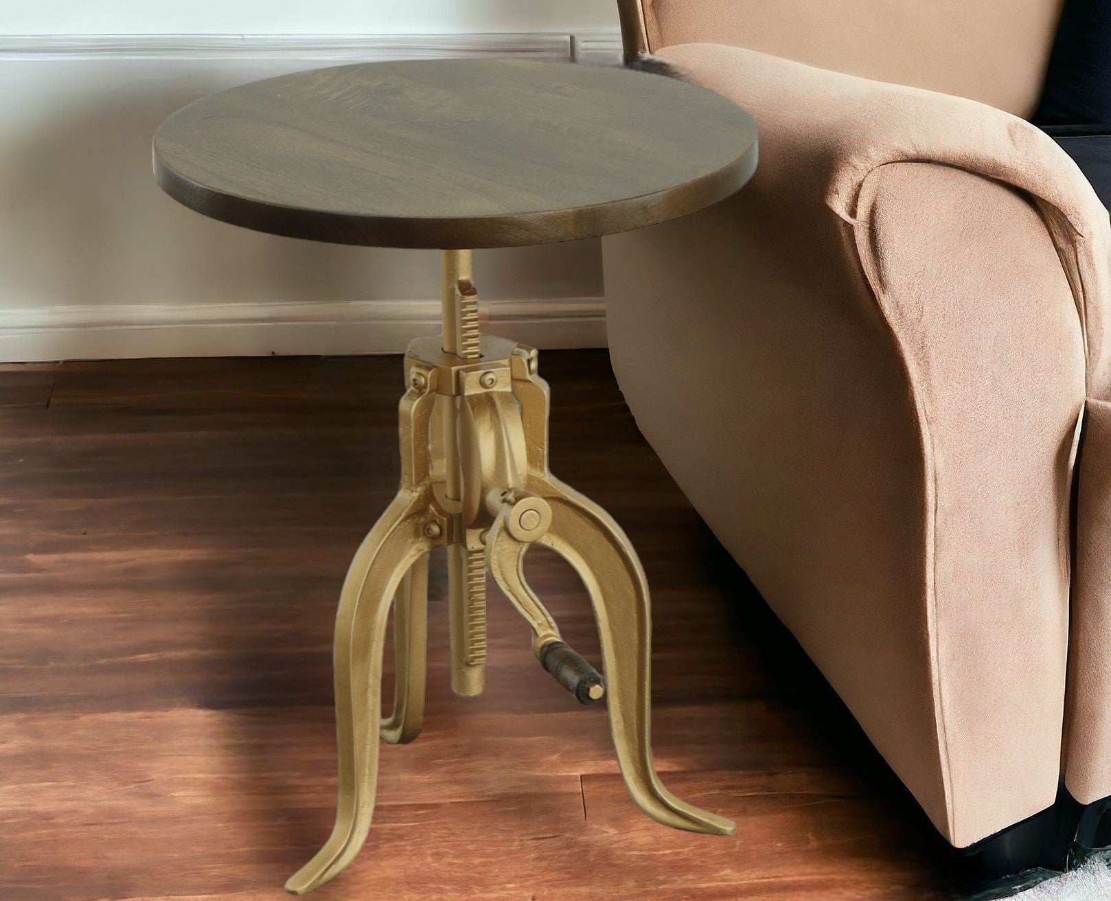 19" Brass Solid Wood And Iron Height Adjustable Round End Table