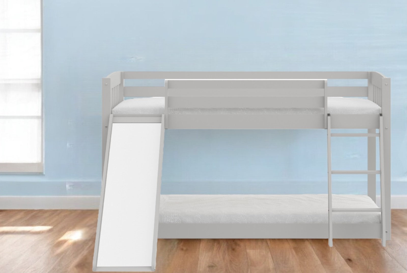 Gray Twin over Twin Solid Wood Bunk Bed With Slide and Ladder