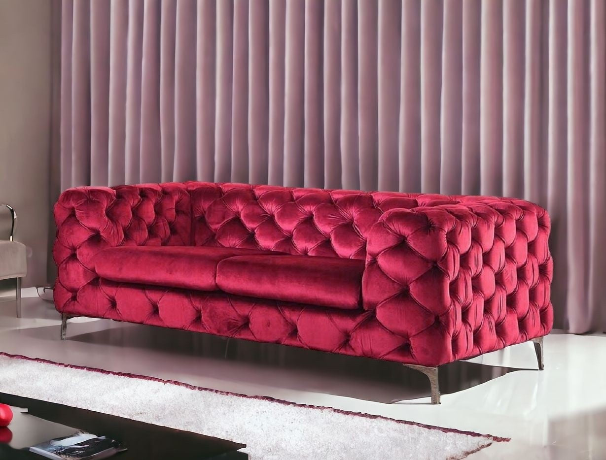 75" Red And Silver Velvet Loveseat