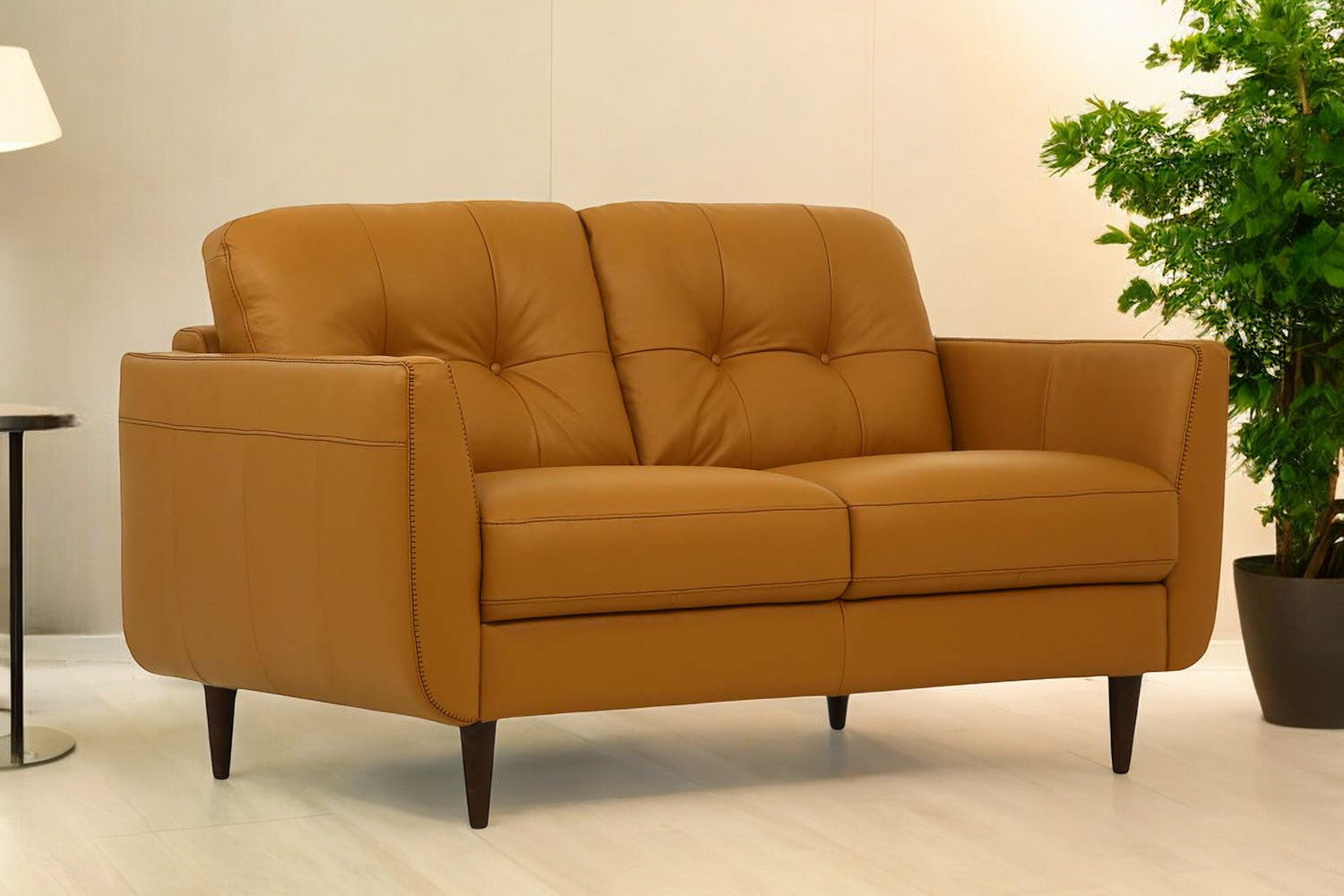 59" Camel Leather And Black Love Seat