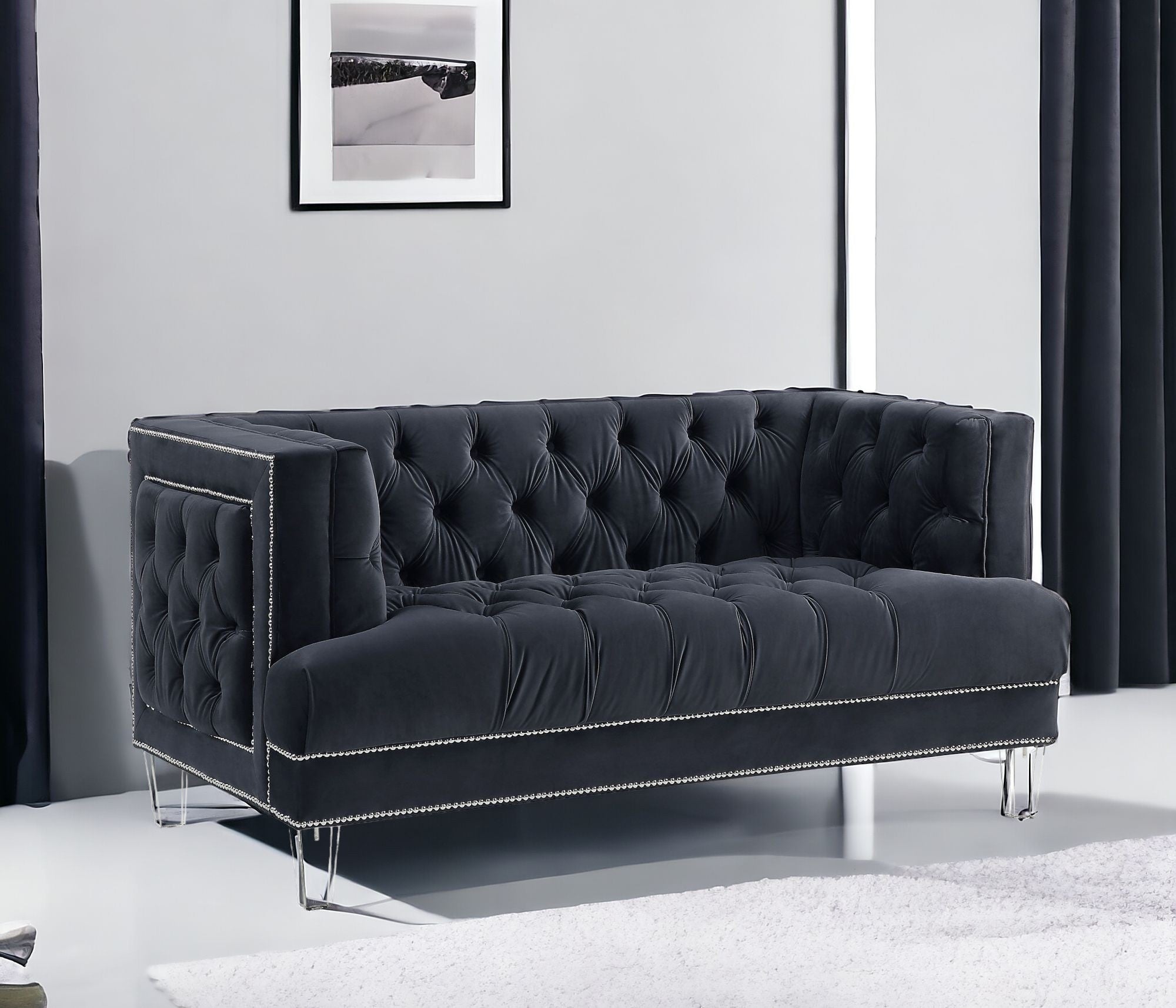 64" Charcoal And Silver Velvet Love Seat