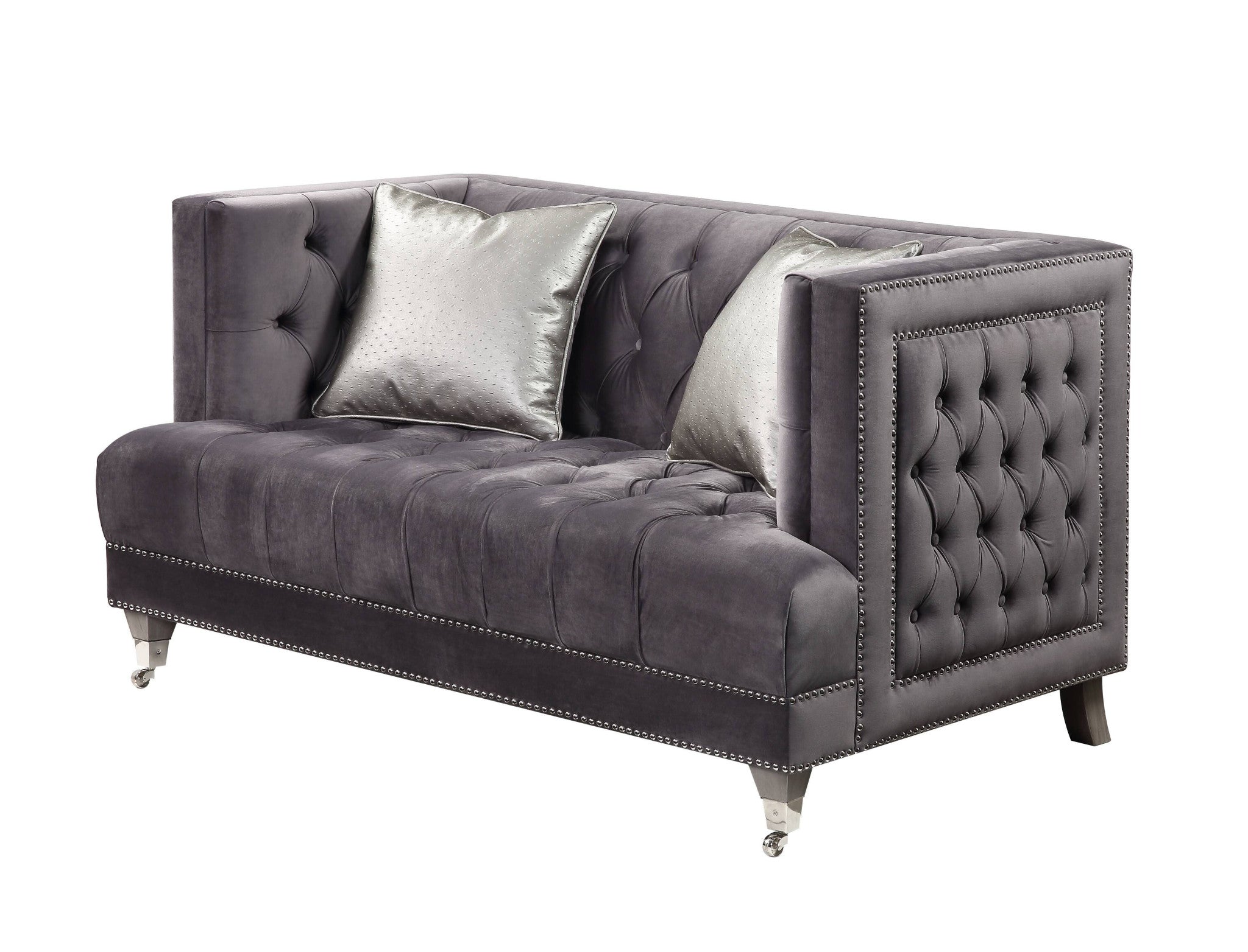 61" Gray And Silver Velvet Love Seat And Toss Pillows