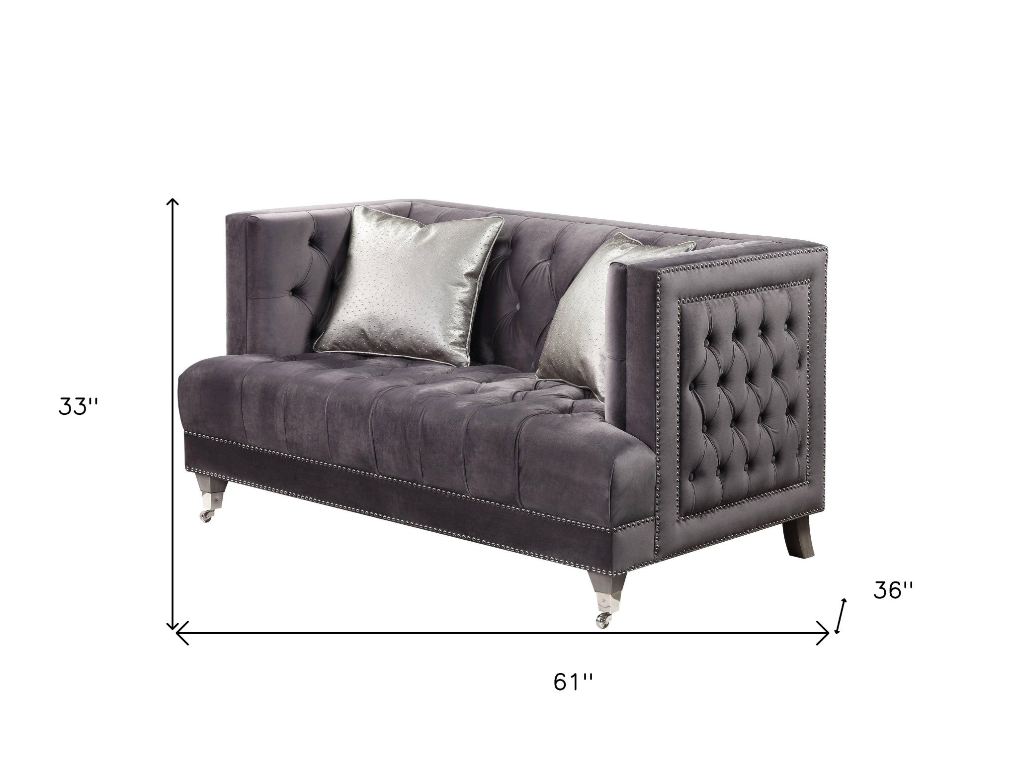 61" Gray And Silver Velvet Love Seat And Toss Pillows