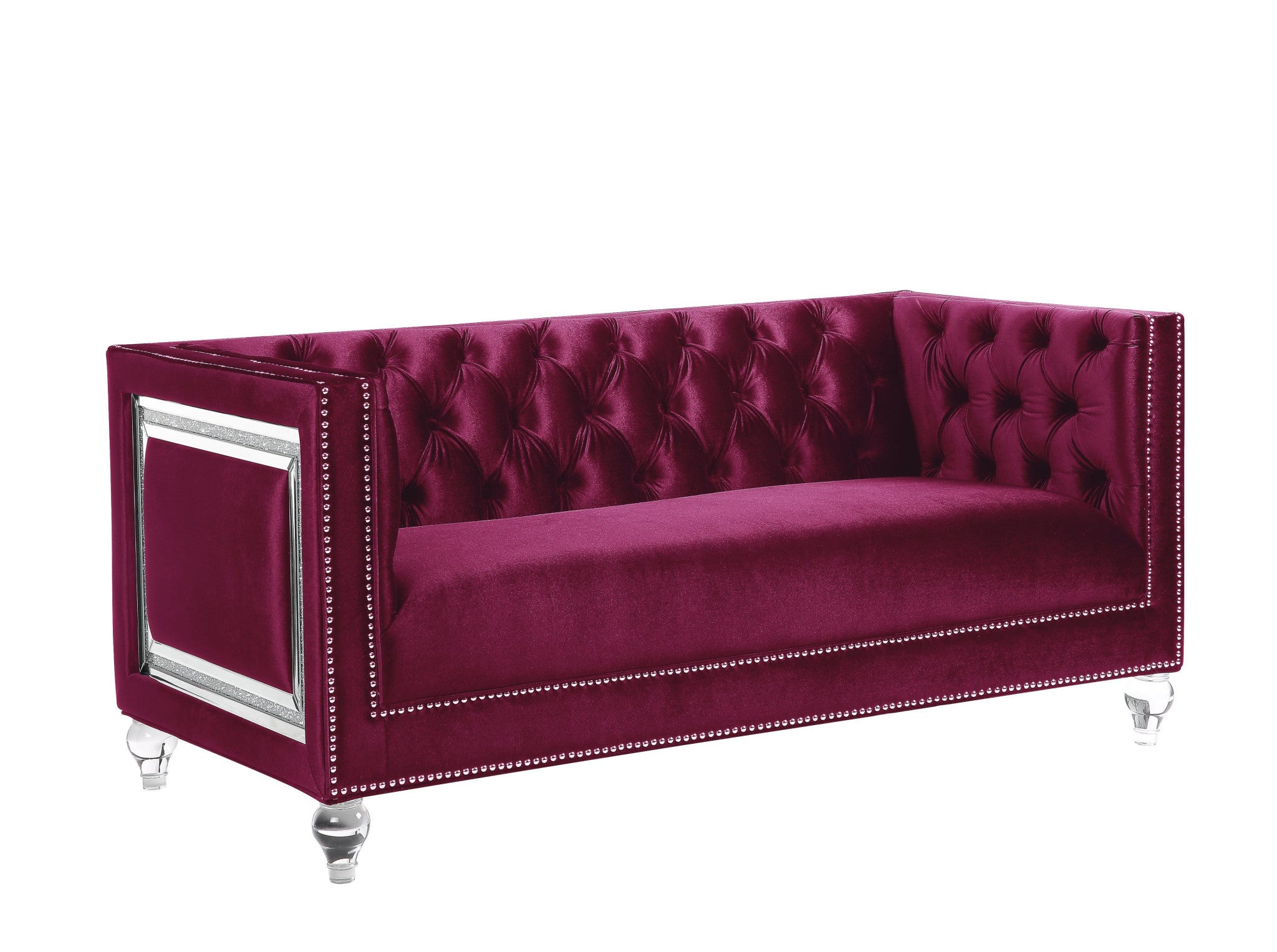 67" Burgundy And Silver Velvet Love Seat And Toss Pillows