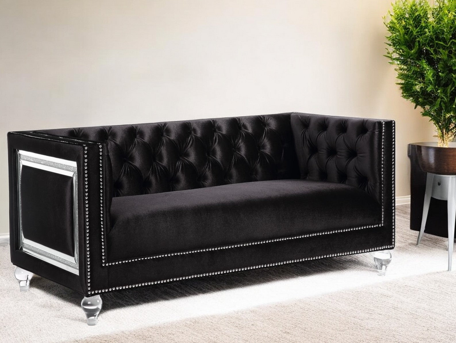 67" Black And Silver Velvet Loveseat and Toss Pillows