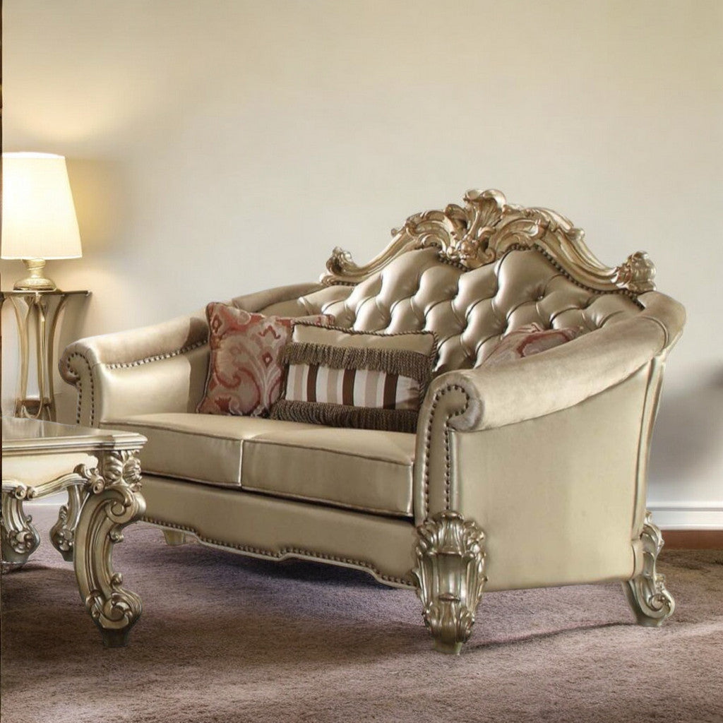 67" Bone And Gold Faux Leather Love Seat And Toss Pillows