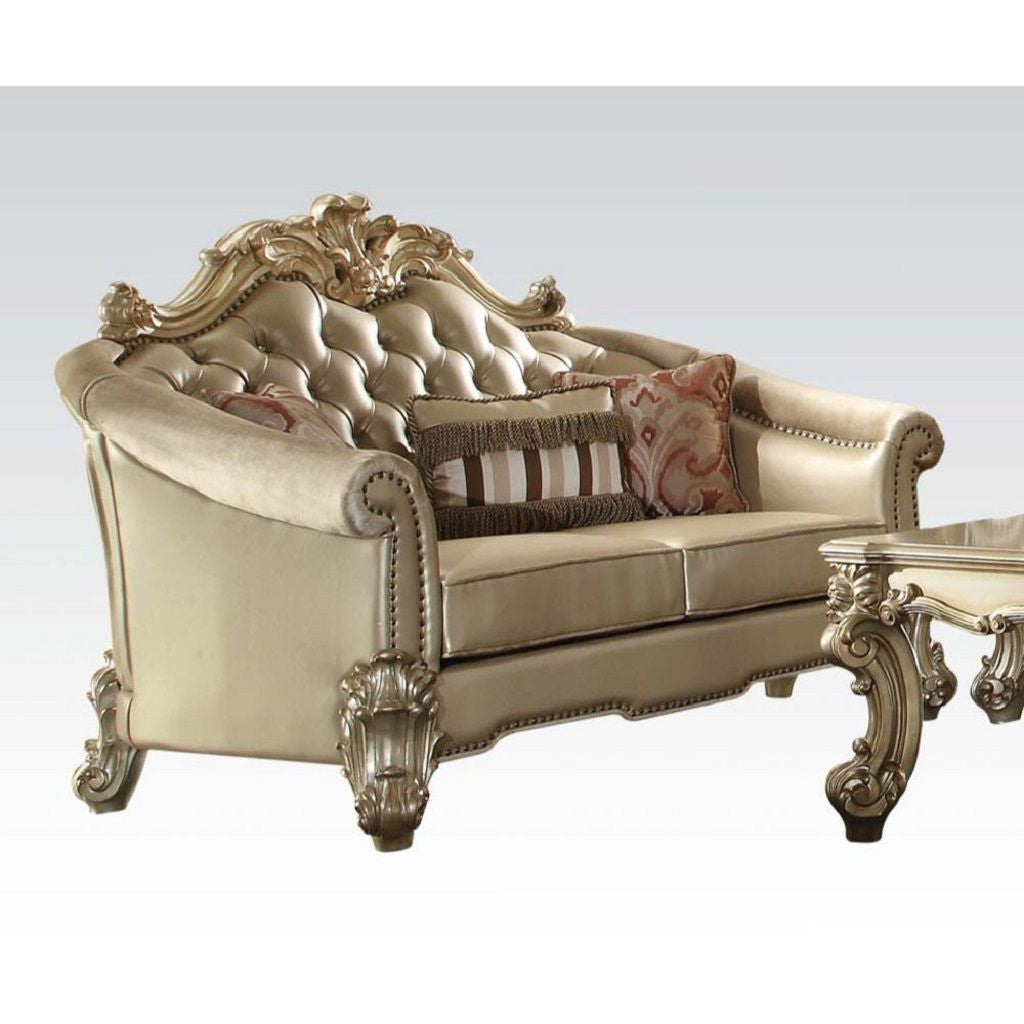 67" Bone And Gold Faux Leather Love Seat And Toss Pillows