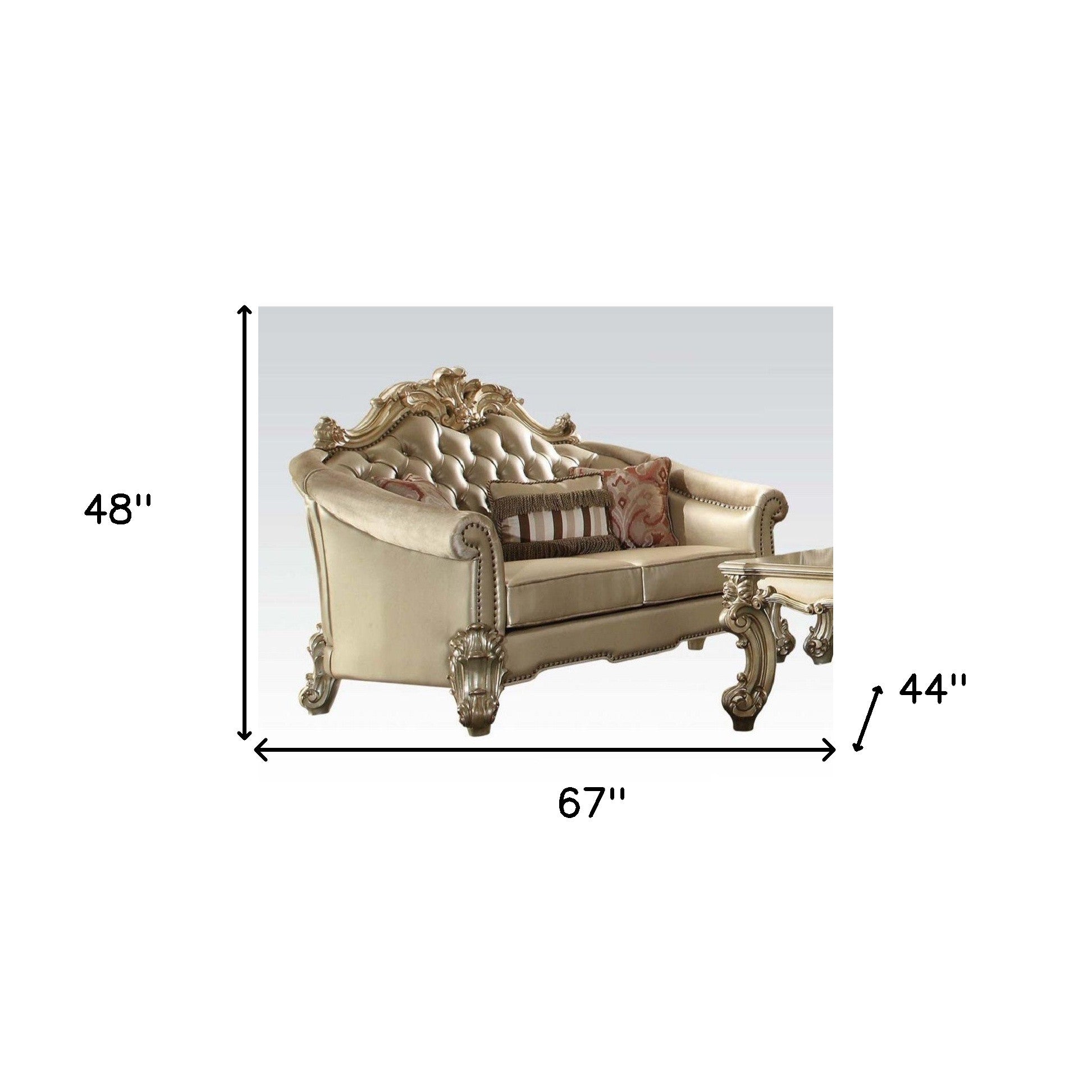 67" Bone And Gold Faux Leather Love Seat And Toss Pillows