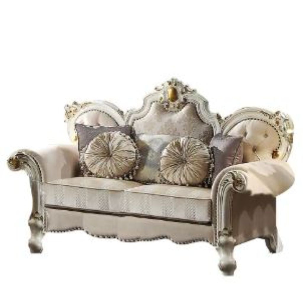 70" Gold And Pearl Velvet Love Seat And Toss Pillows