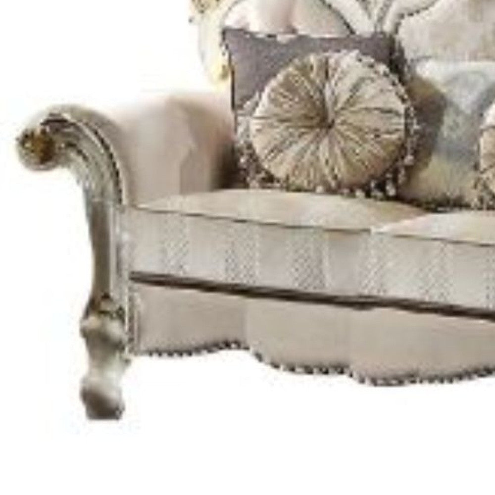 70" Gold And Pearl Velvet Love Seat And Toss Pillows