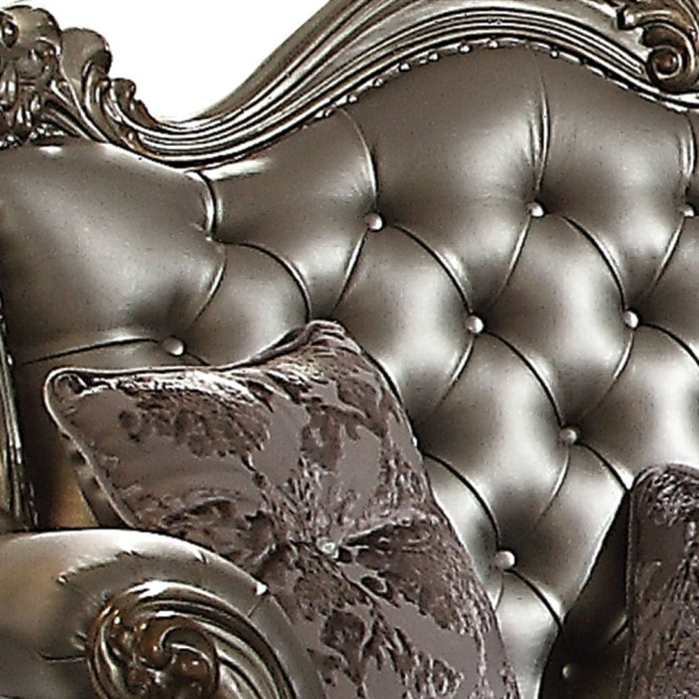 70" Silver And Platinum Faux Leather Love Seat And Toss Pillows