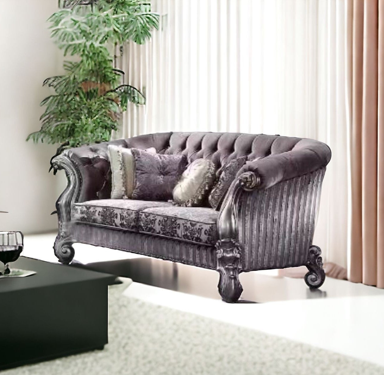 76" Purple And Platinum Velvet Love Seat And Toss Pillows