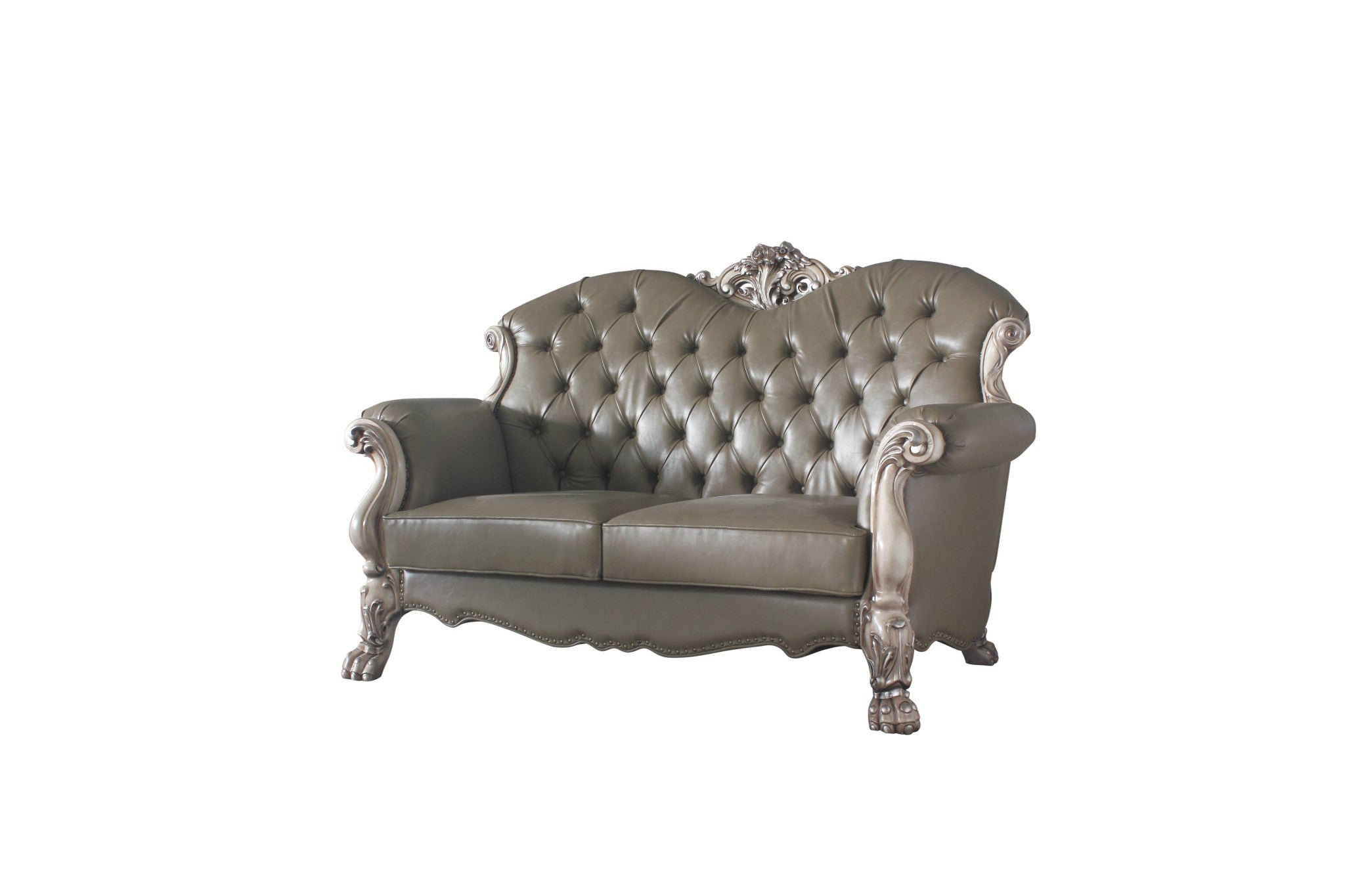 71" Patina And Bone Faux Leather Love Seat And Toss Pillows