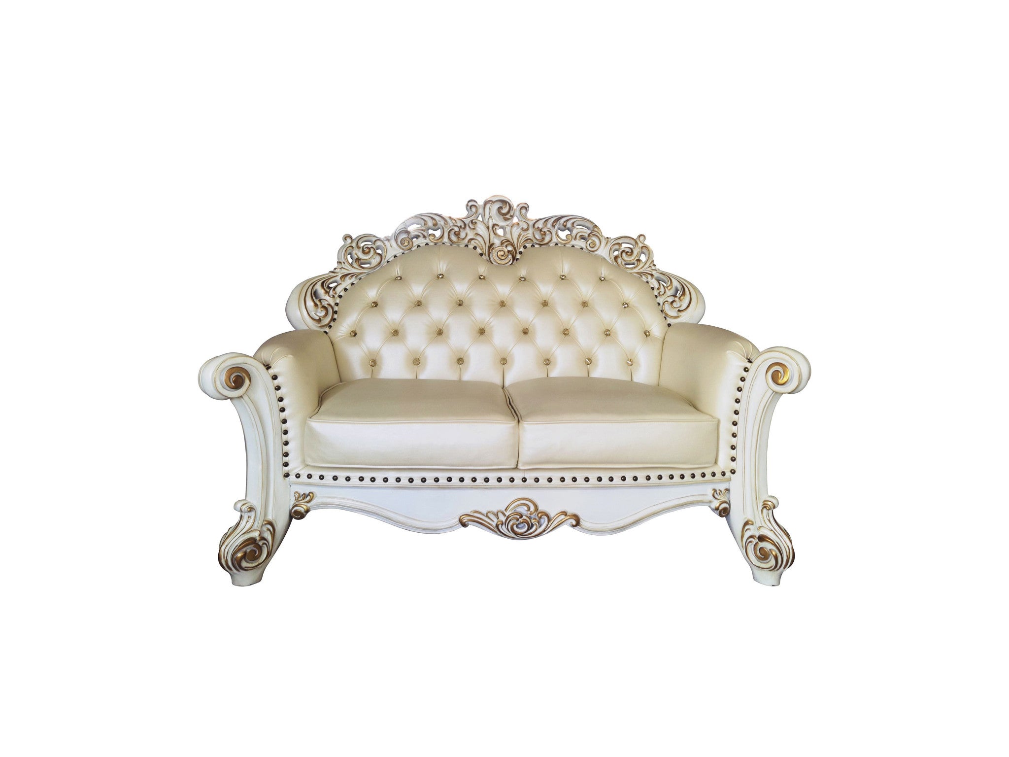 70" Champagne And Pearl Faux Leather Love Seat And Toss Pillows