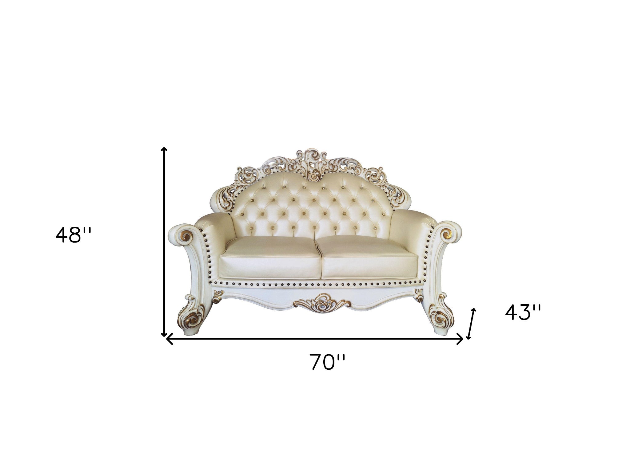 70" Champagne And Pearl Faux Leather Love Seat And Toss Pillows