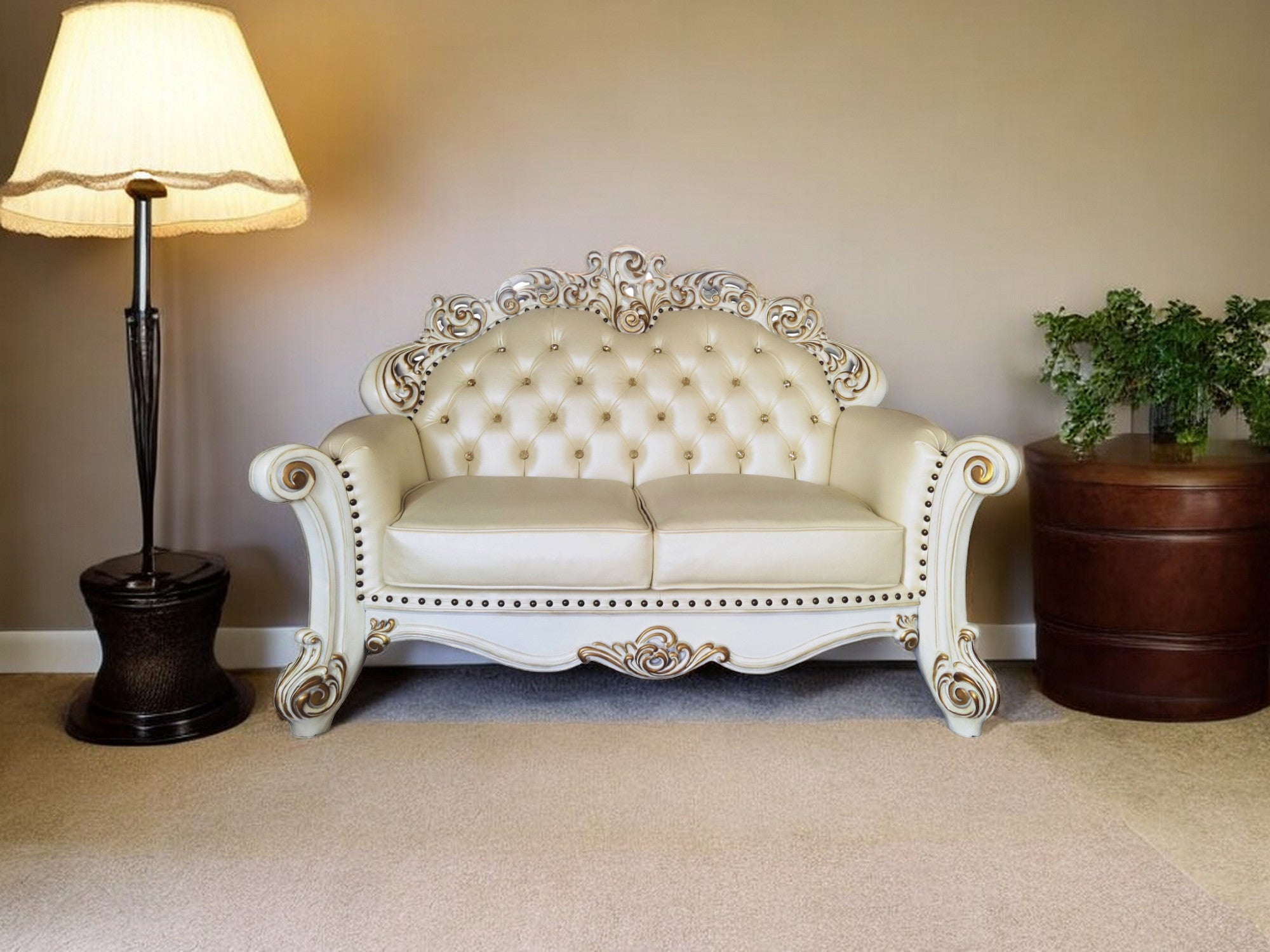 70" Champagne And Pearl Faux Leather Loveseat and Toss Pillows