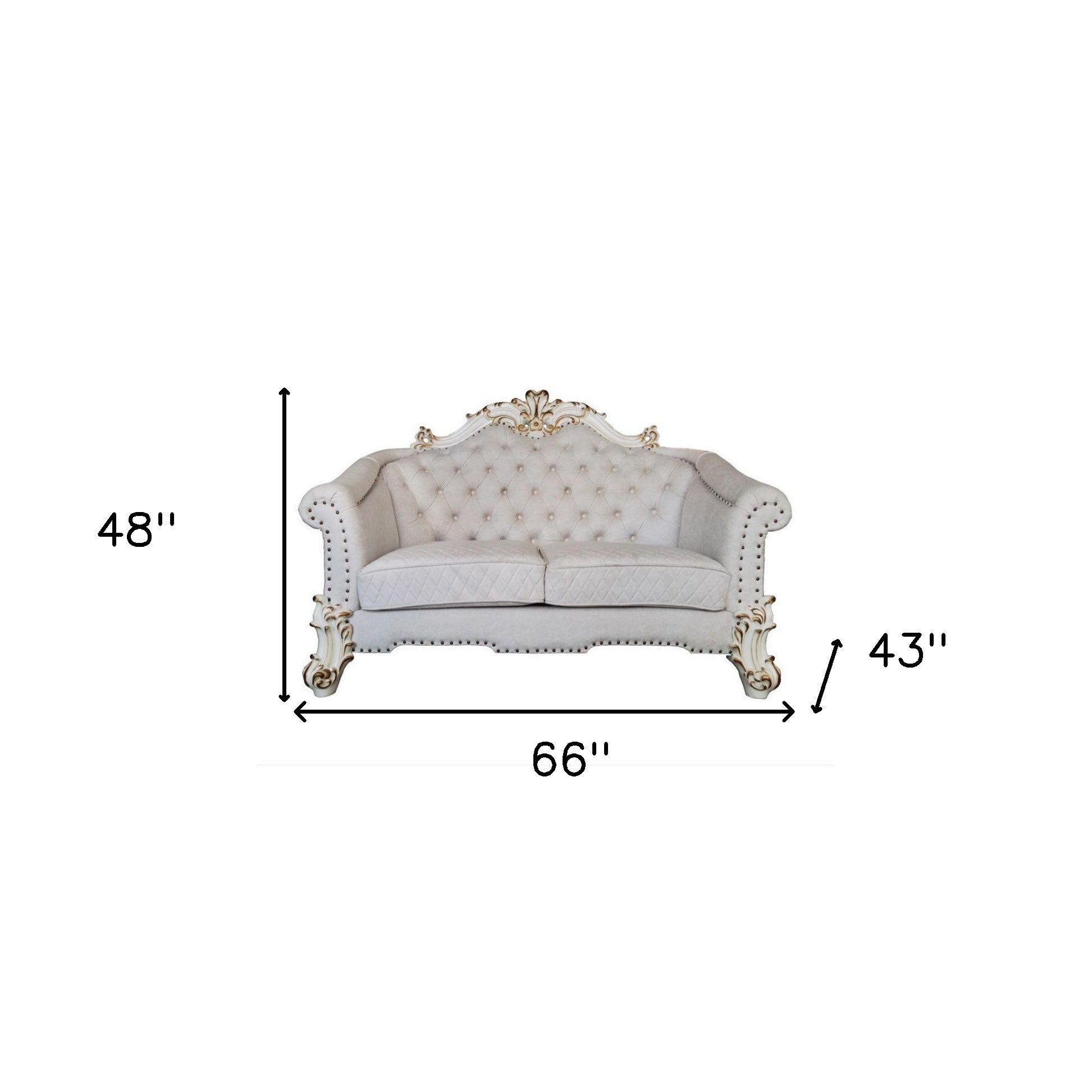 66" Two Tone Ivory And Pearl Velvet Love Seat And Toss Pillows