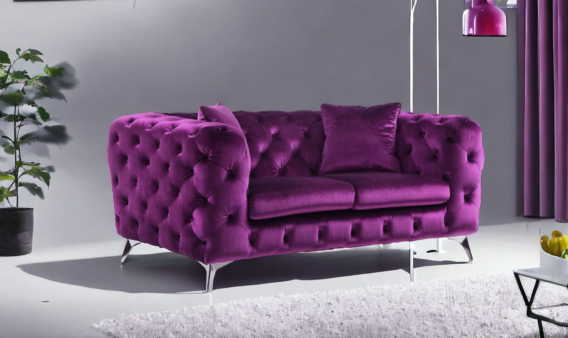 72" Purple And Silver Velvet Love Seat