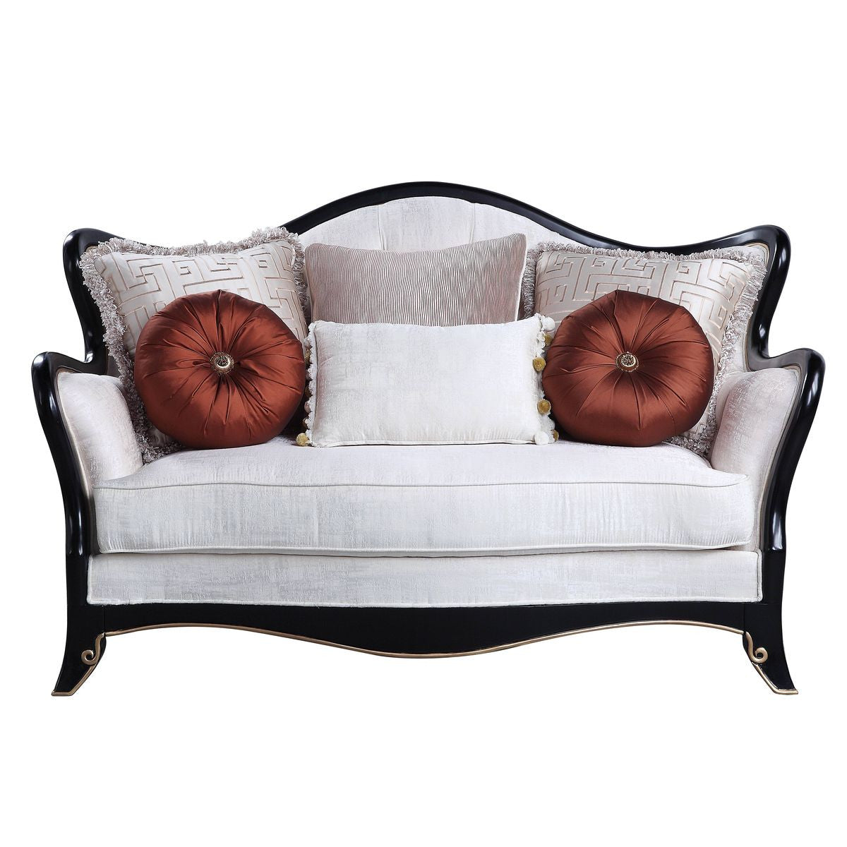 66" Beige And Black Cotton Blend Love Seat And Toss Pillows