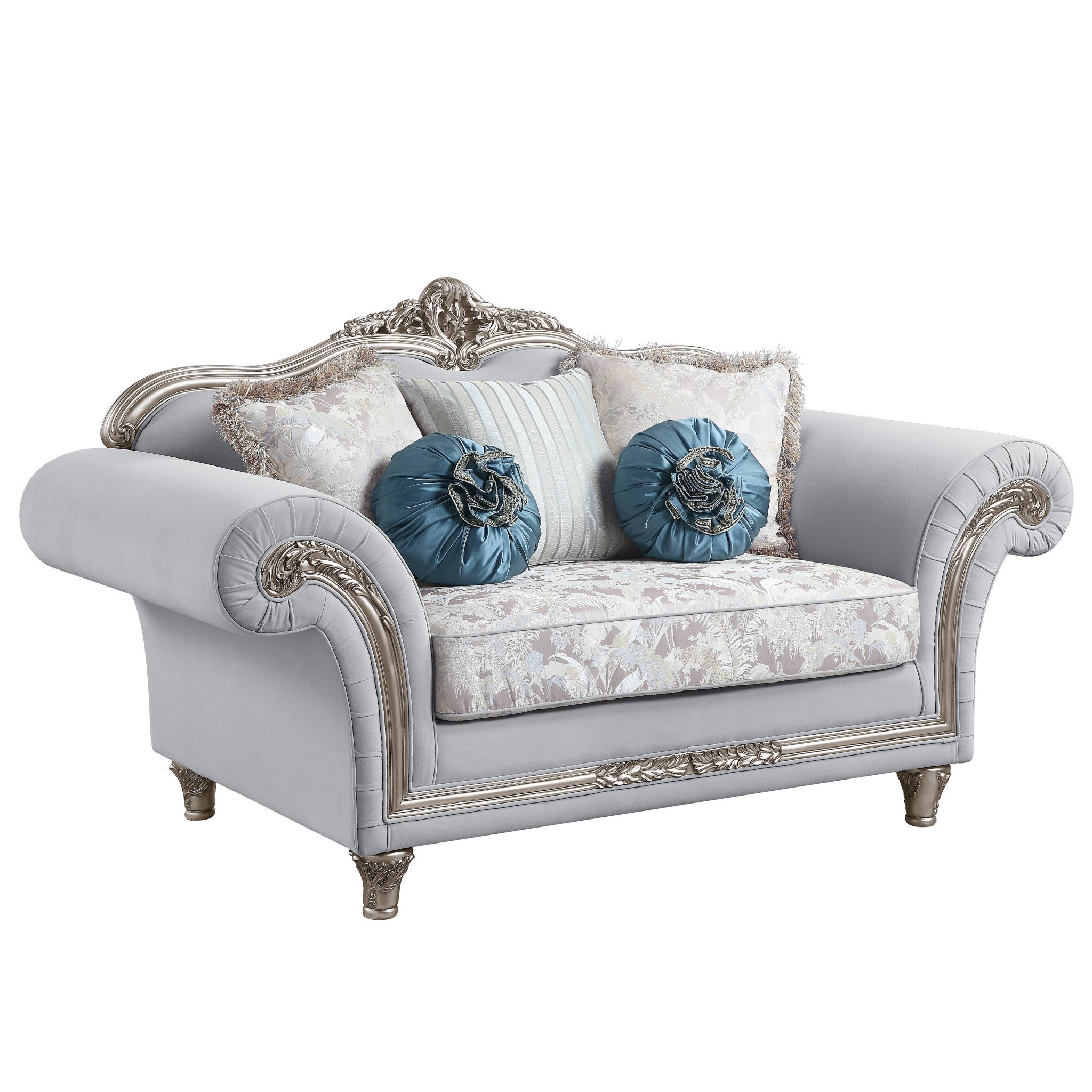 76" Light Gray And Platinum Linen Love Seat And Toss Pillows