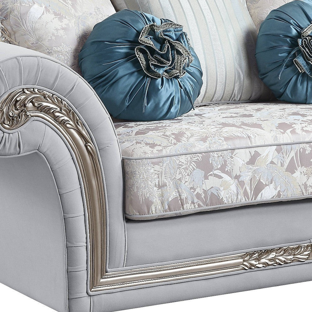 76" Light Gray And Platinum Linen Love Seat And Toss Pillows