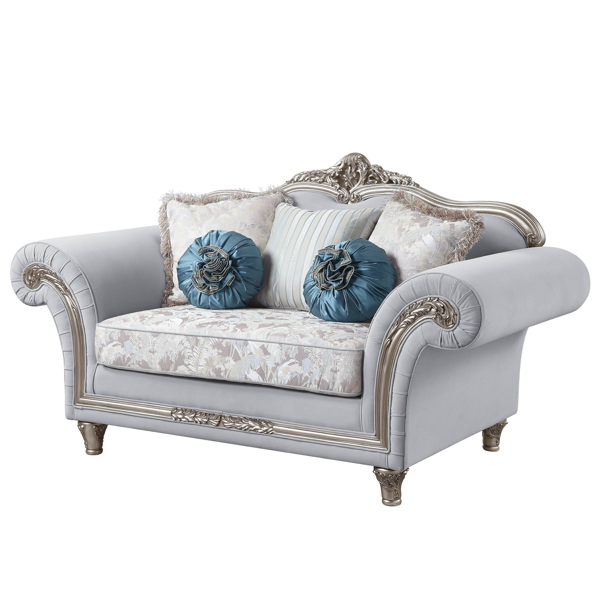 76" Light Gray And Platinum Linen Love Seat And Toss Pillows