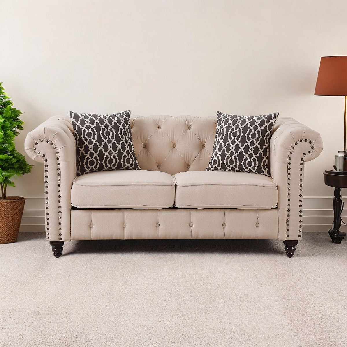 67" Beige 100% Linen And Black Love Seat