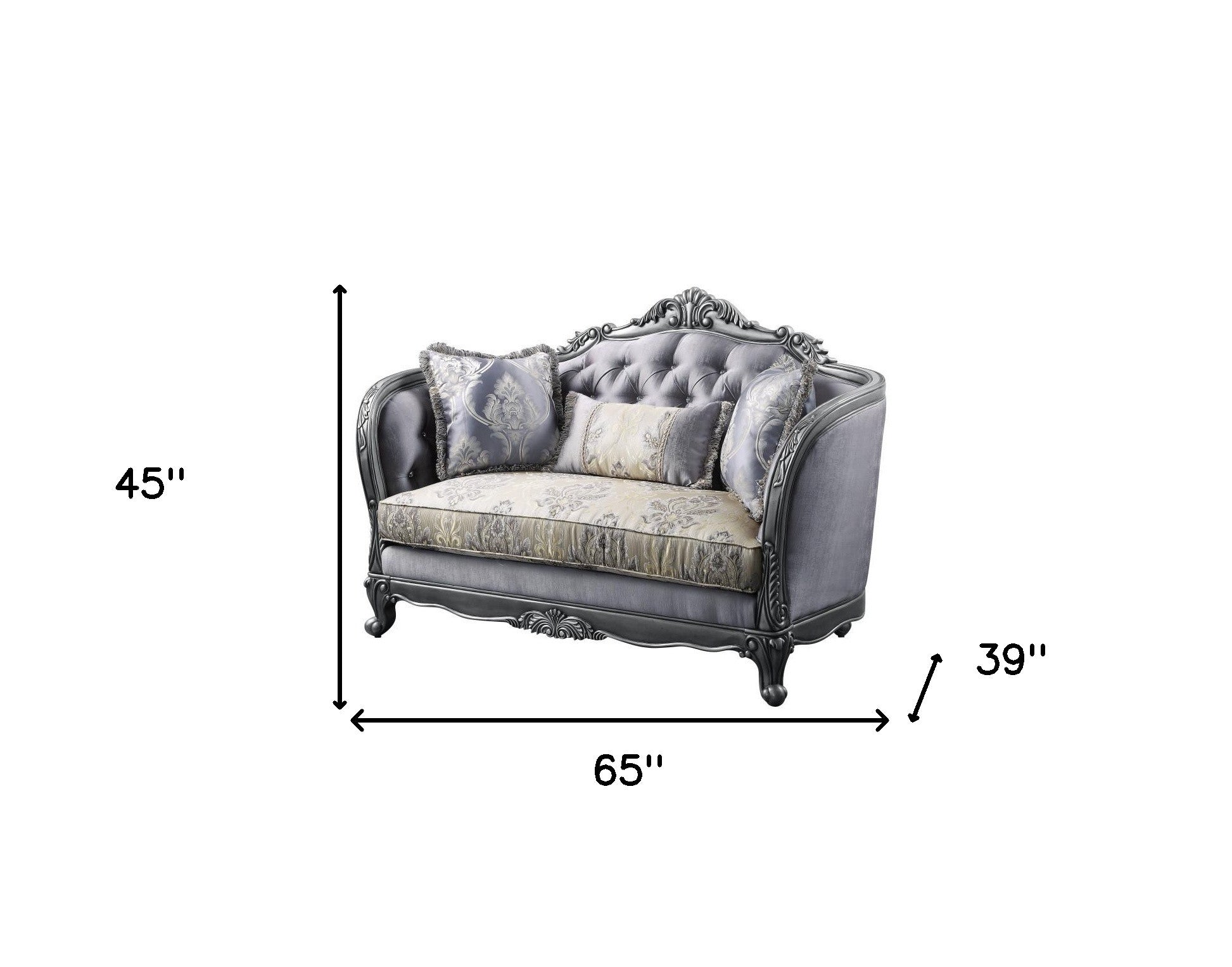 65" Gray Silver And Platinum Silk Blend Love Seat And Toss Pillows