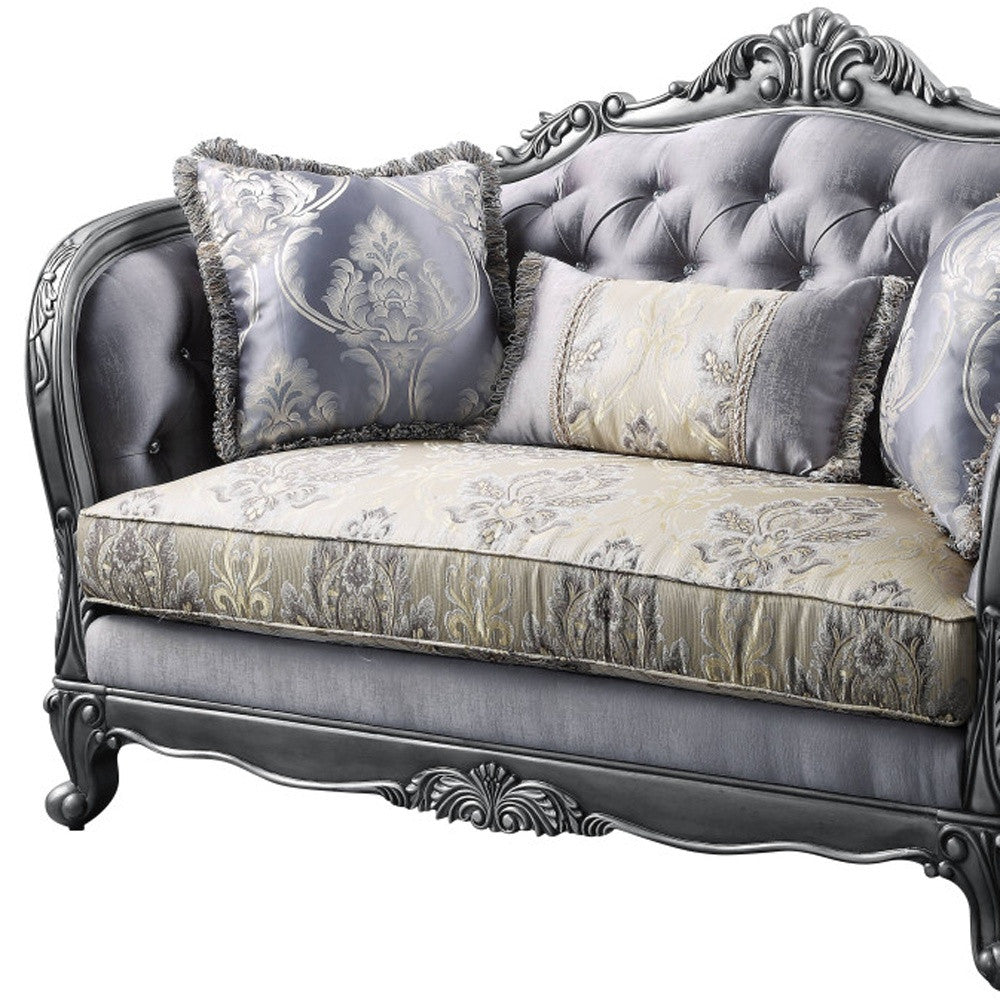 65" Gray And Platinum Silk Blend Loveseat and Toss Pillows