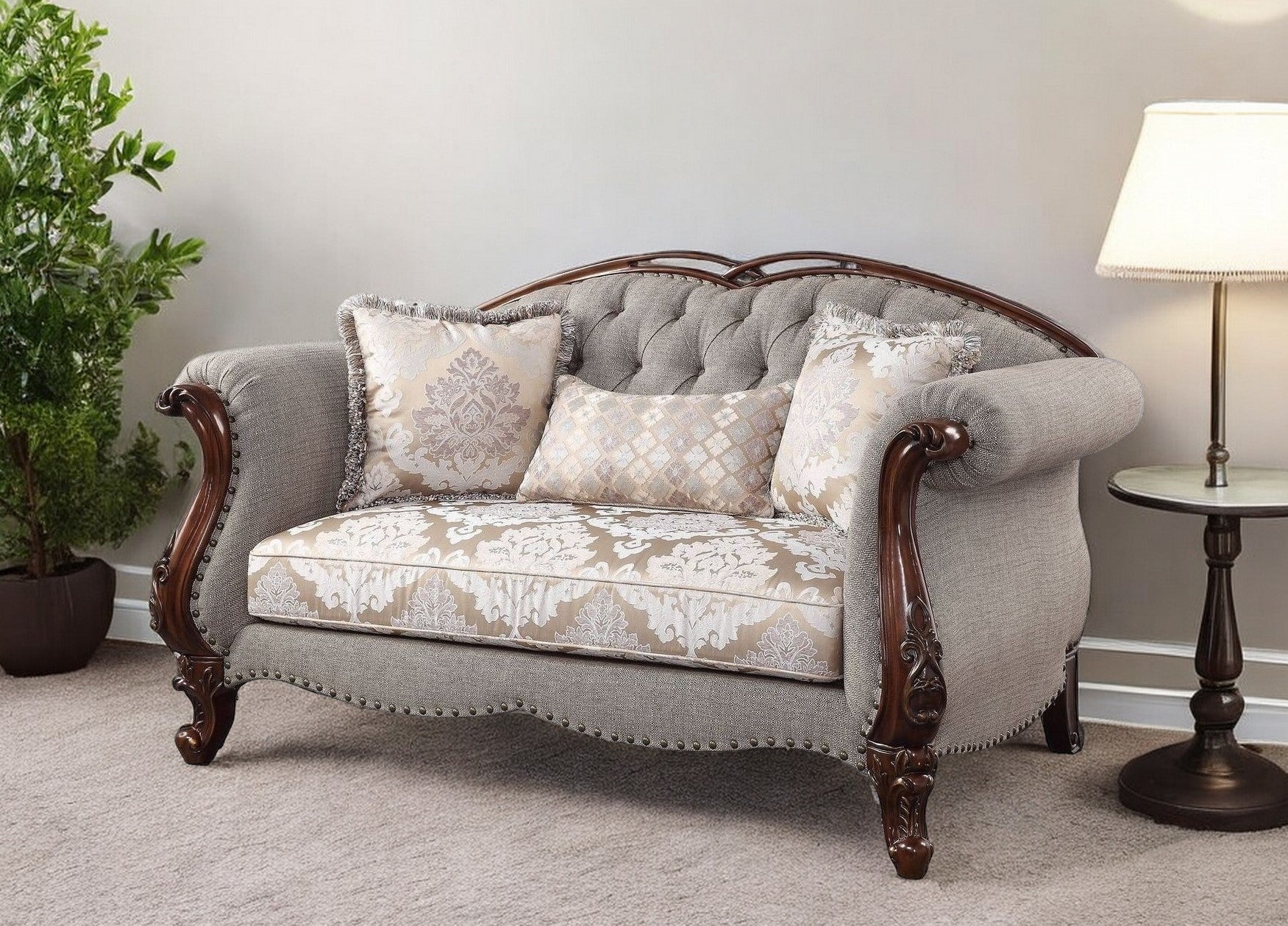 72" Beige And Dark Brown Linen Love Seat And Toss Pillows