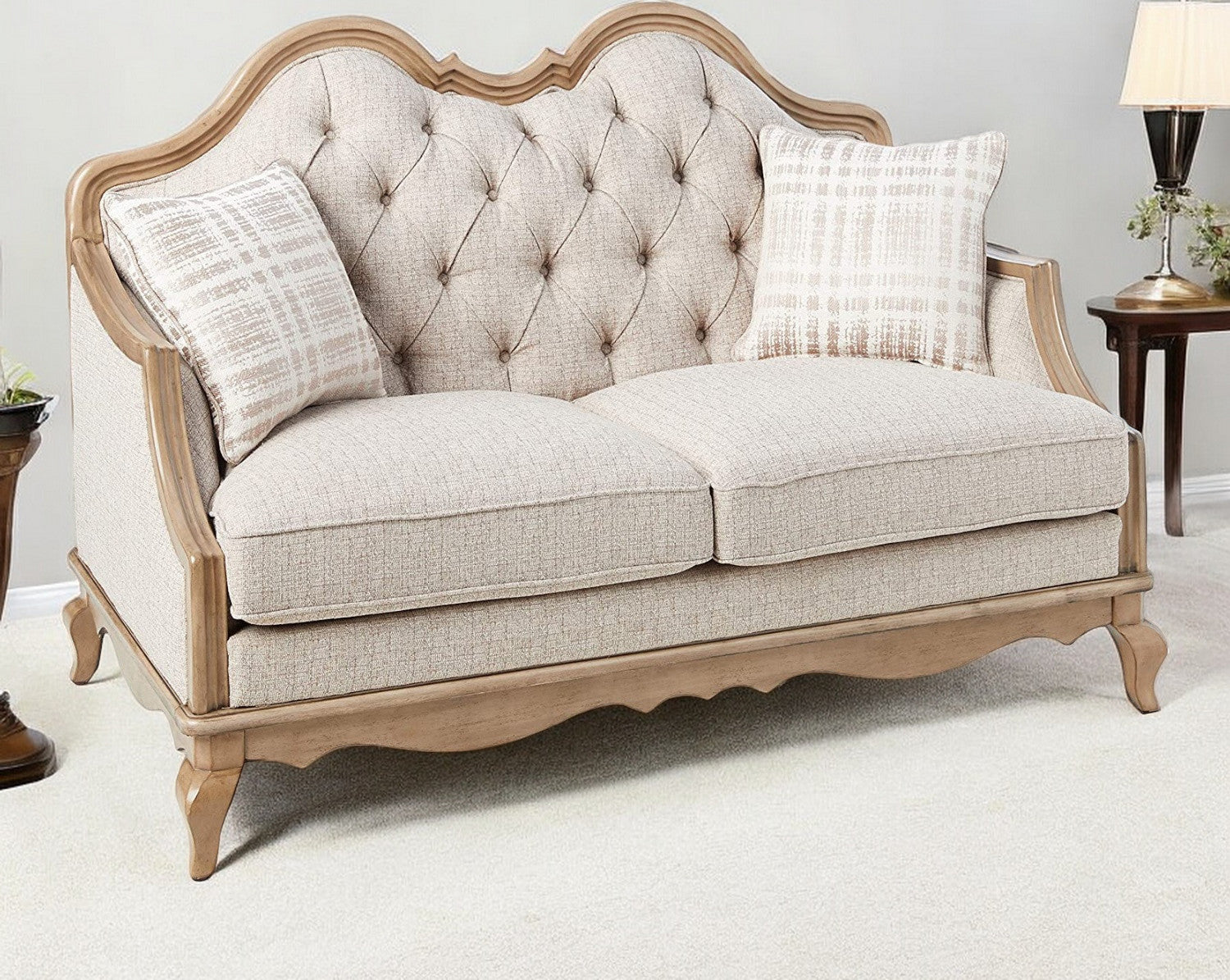 62" Beige And Brown Linen Love Seat And Toss Pillows