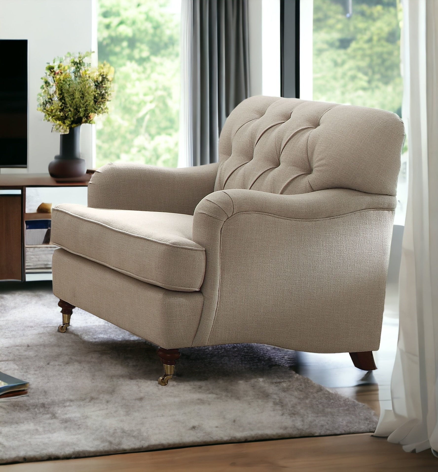 35" Beige and Dark Brown Fabric Tufted Arm Chair