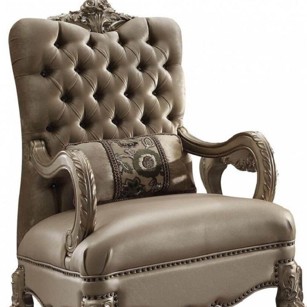 34" Bone and Gold Velvet Tufted Arm Chair