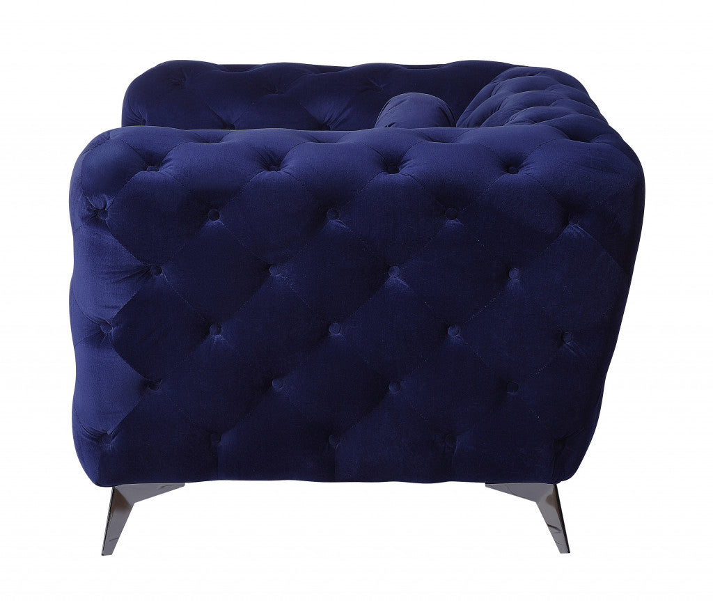 41" Blue Fabric And Black Tufted Arm Chair