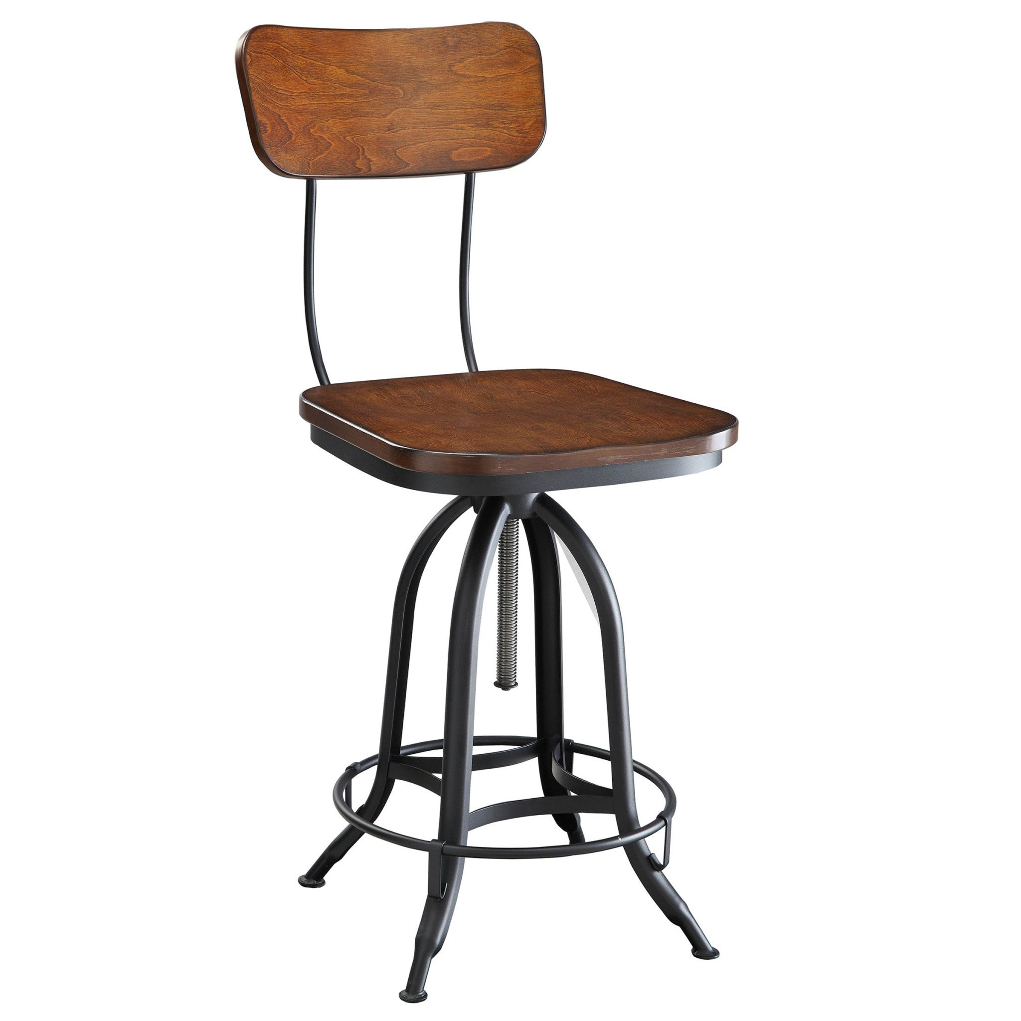 Chestnut And Black Solid Wood And Steel Adjustable Height Swivel Bar Chair