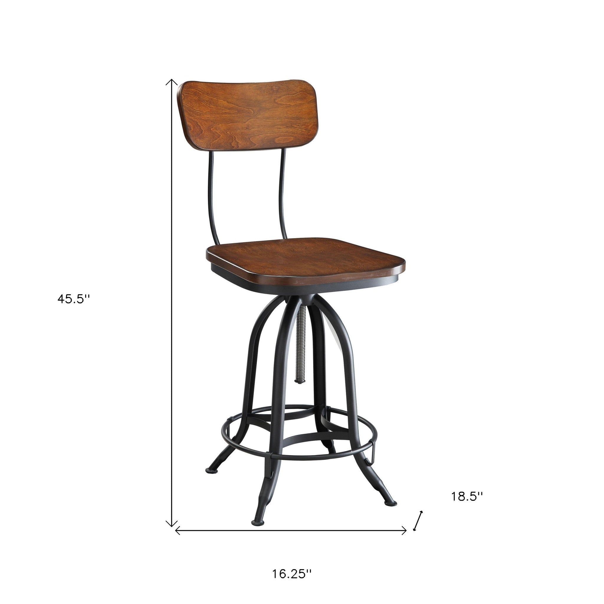 Chestnut And Black Solid Wood And Steel Adjustable Height Swivel Bar Chair