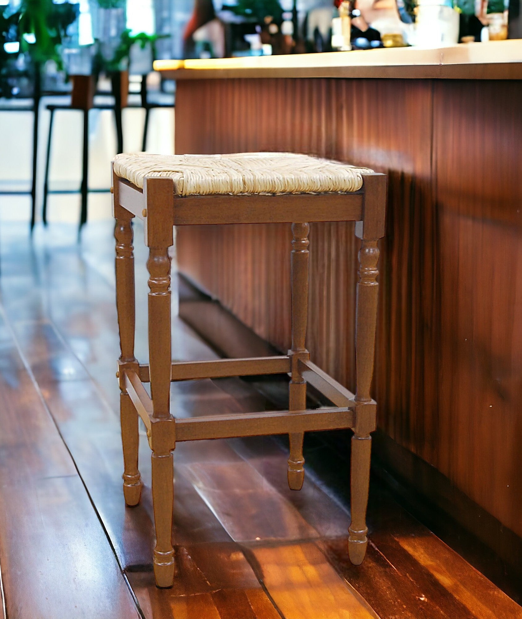 29" Natural And Brown Solid Wood Backless Bar Height Bar Chair