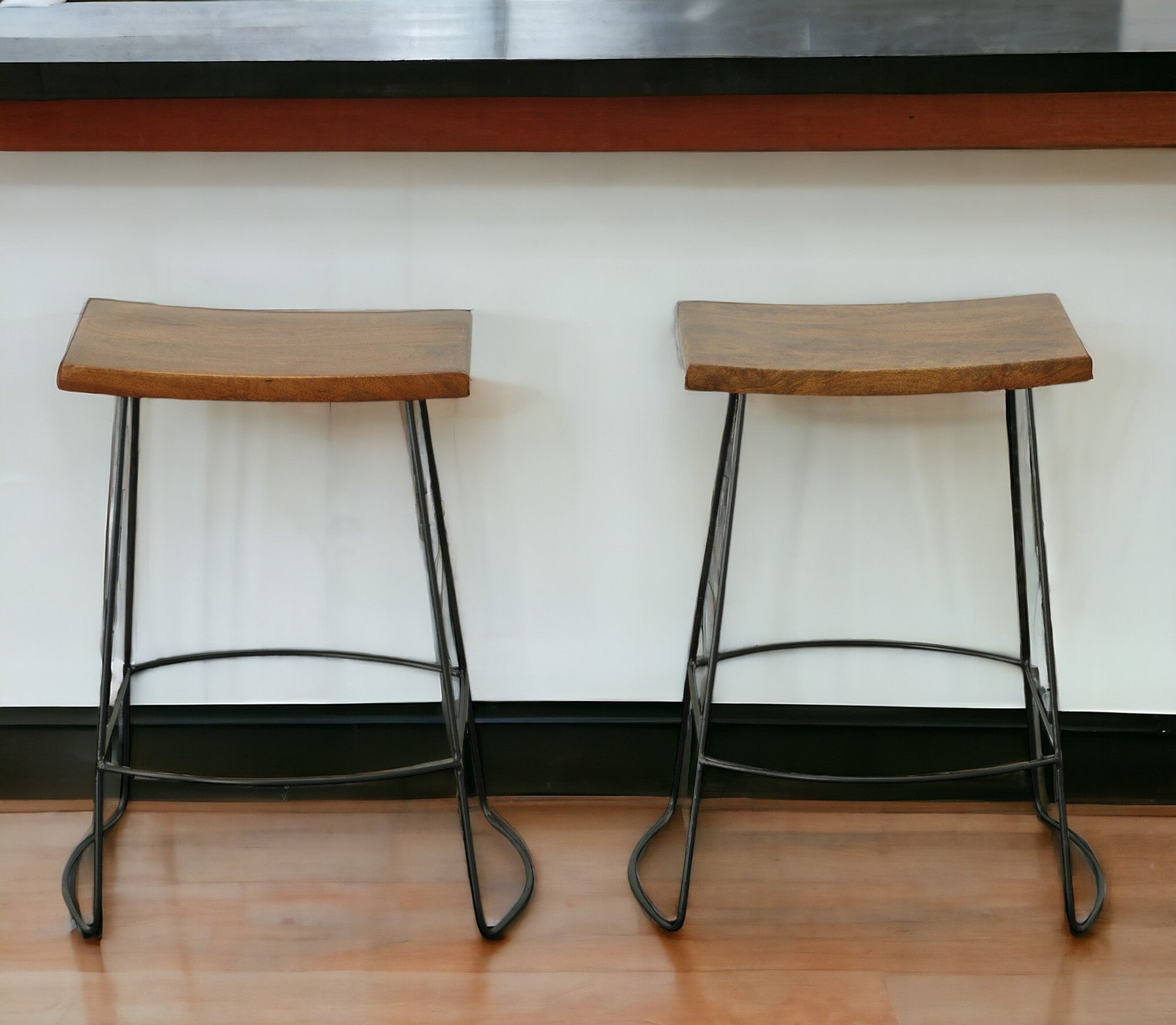 Set of Two 25" Chestnut And Black Steel Backless Counter Height Bar Chairs