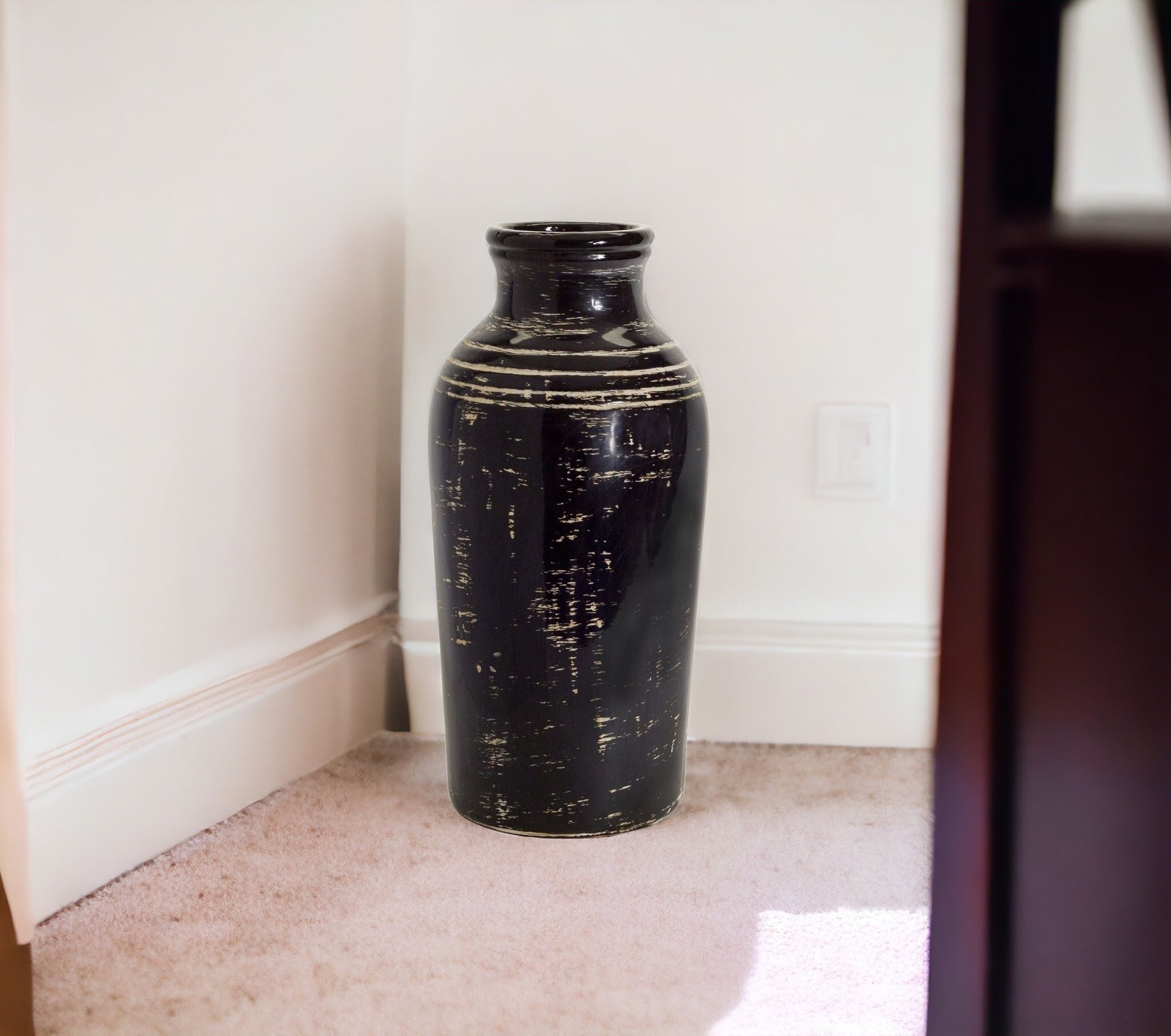 18" Ceramic Black and Ivory Striped Round Floor Vase