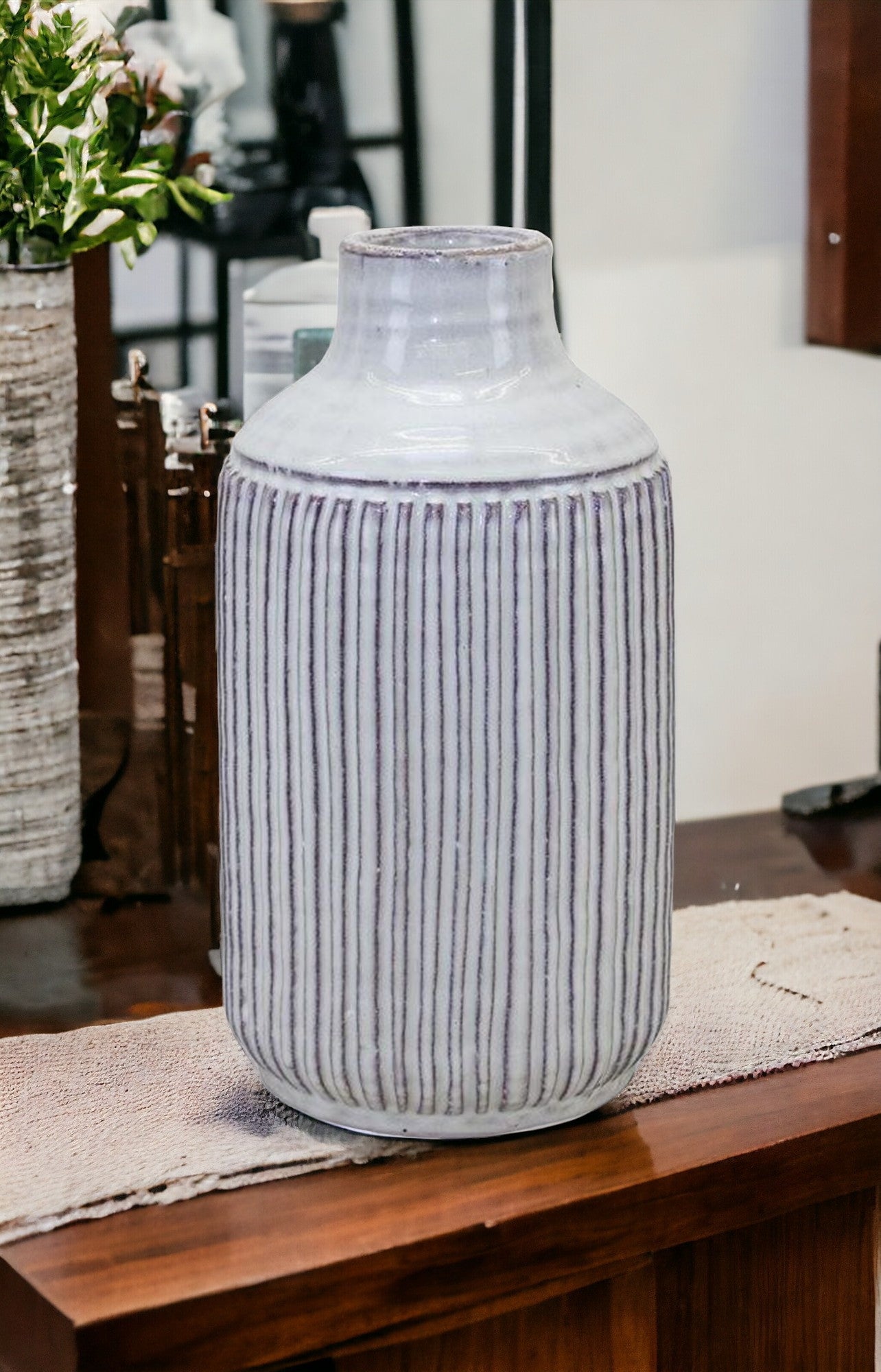 10" Off White Terracotta Striped Cylinder Table Vase