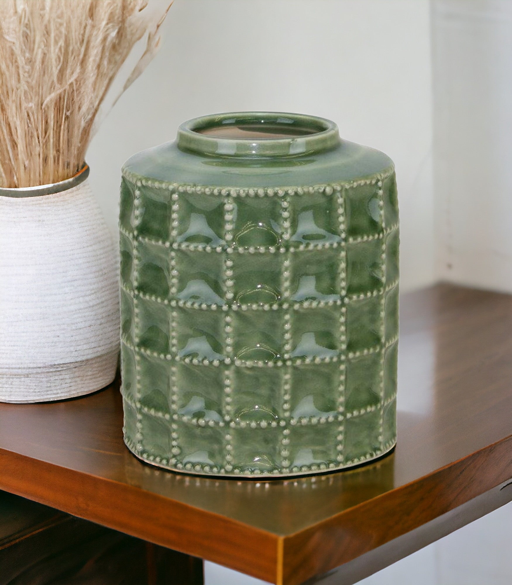 7" Green Terracotta Geometric Cylinder Table Vase