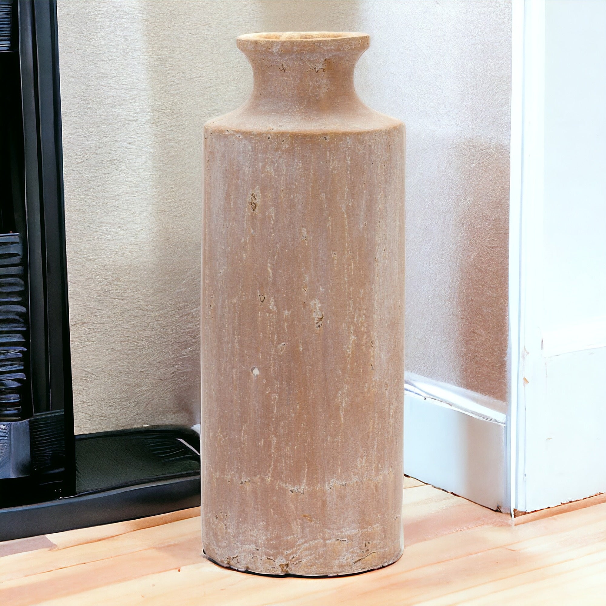 19" Beige Terracotta Cylinder Floor Vase